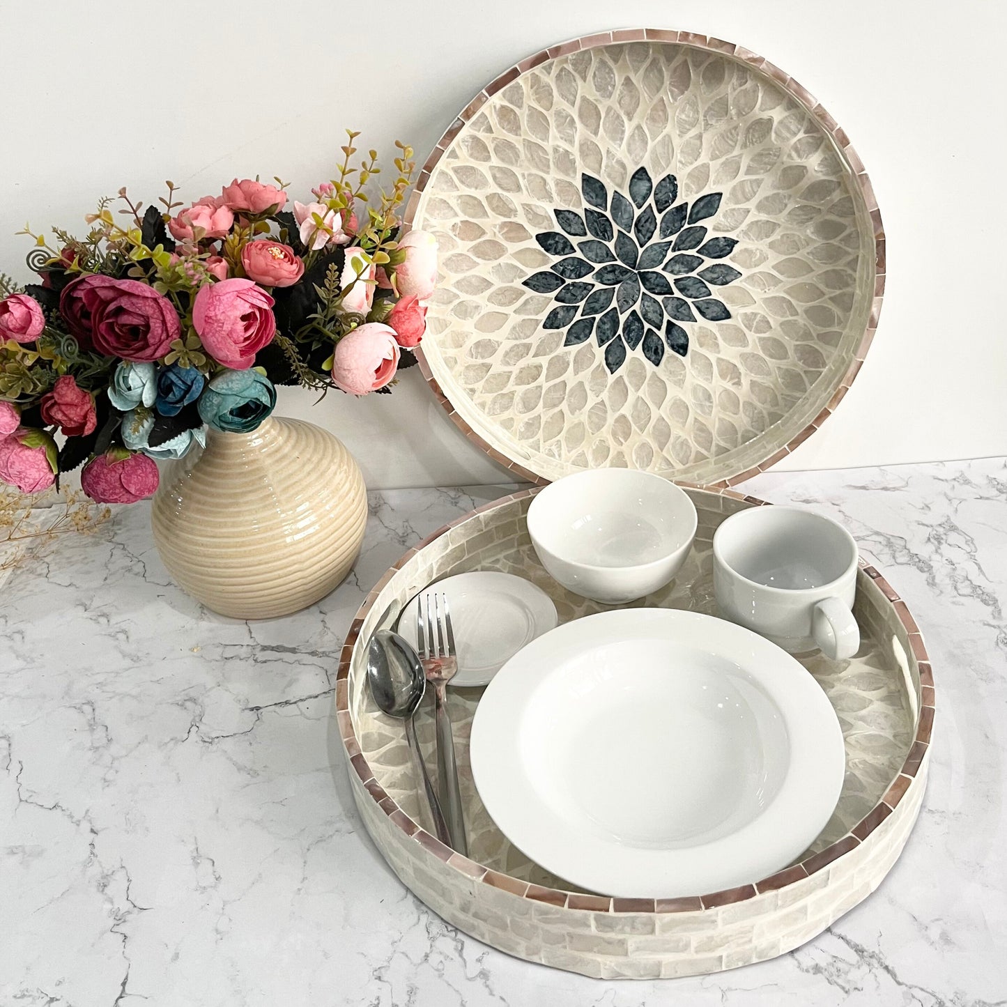 White mother of pearl inlay round tray with black floral pattern