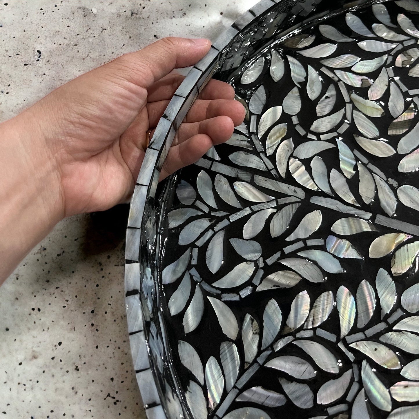 Round Breakfast tray with Mother of Pearl Inlay In Black Color White Floral Pattern