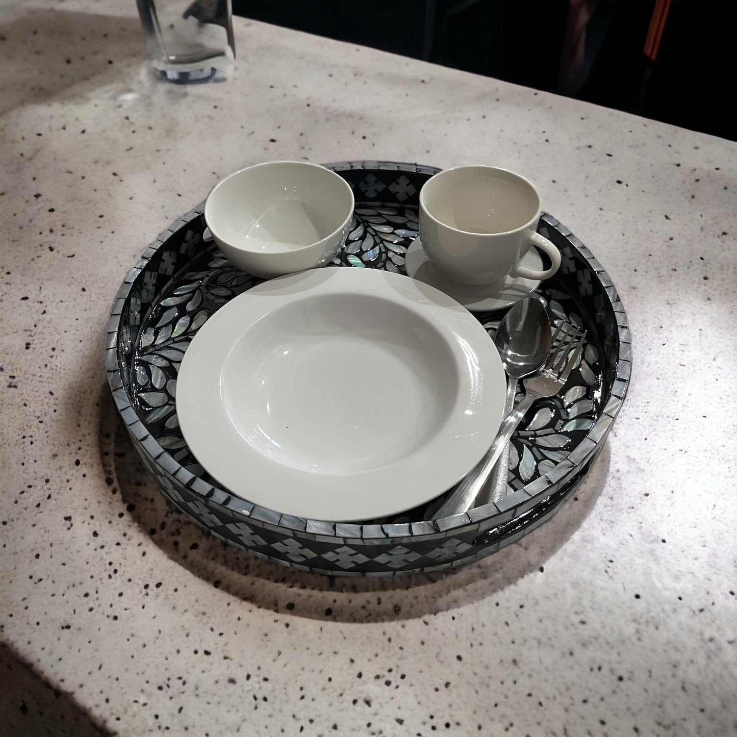 Round Breakfast tray with Mother of Pearl Inlay In Black Color White Floral Pattern