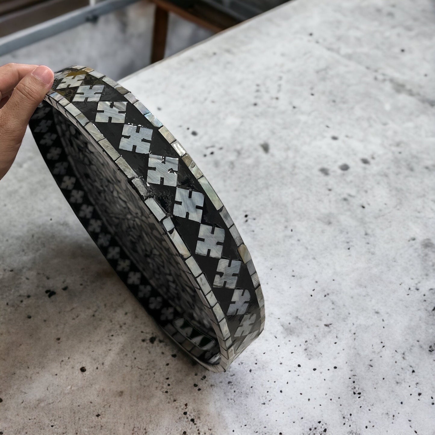 Round Breakfast tray with Mother of Pearl Inlay In Black Color White Floral Pattern