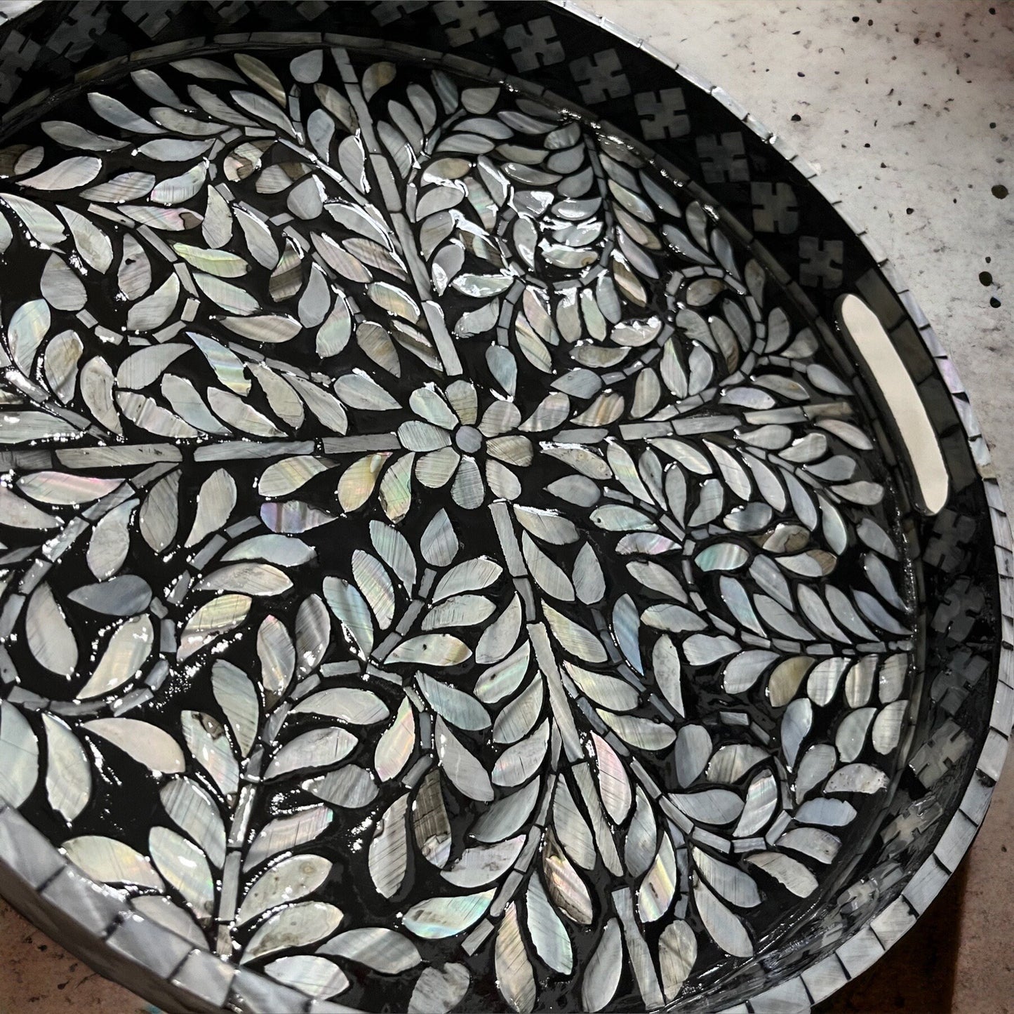 Round Breakfast tray with Mother of Pearl Inlay In Black Color White Floral Pattern