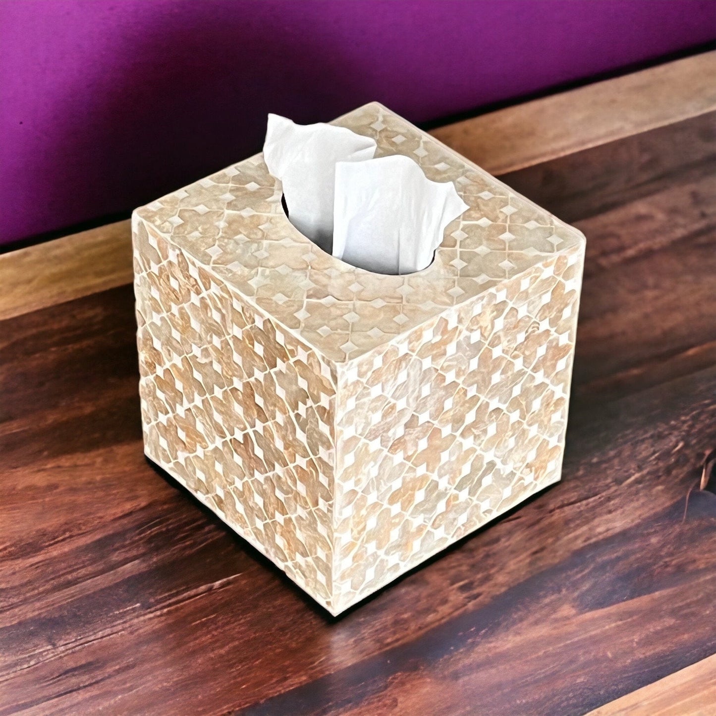 Tissue box holder with capiz shell inlay in light gold color