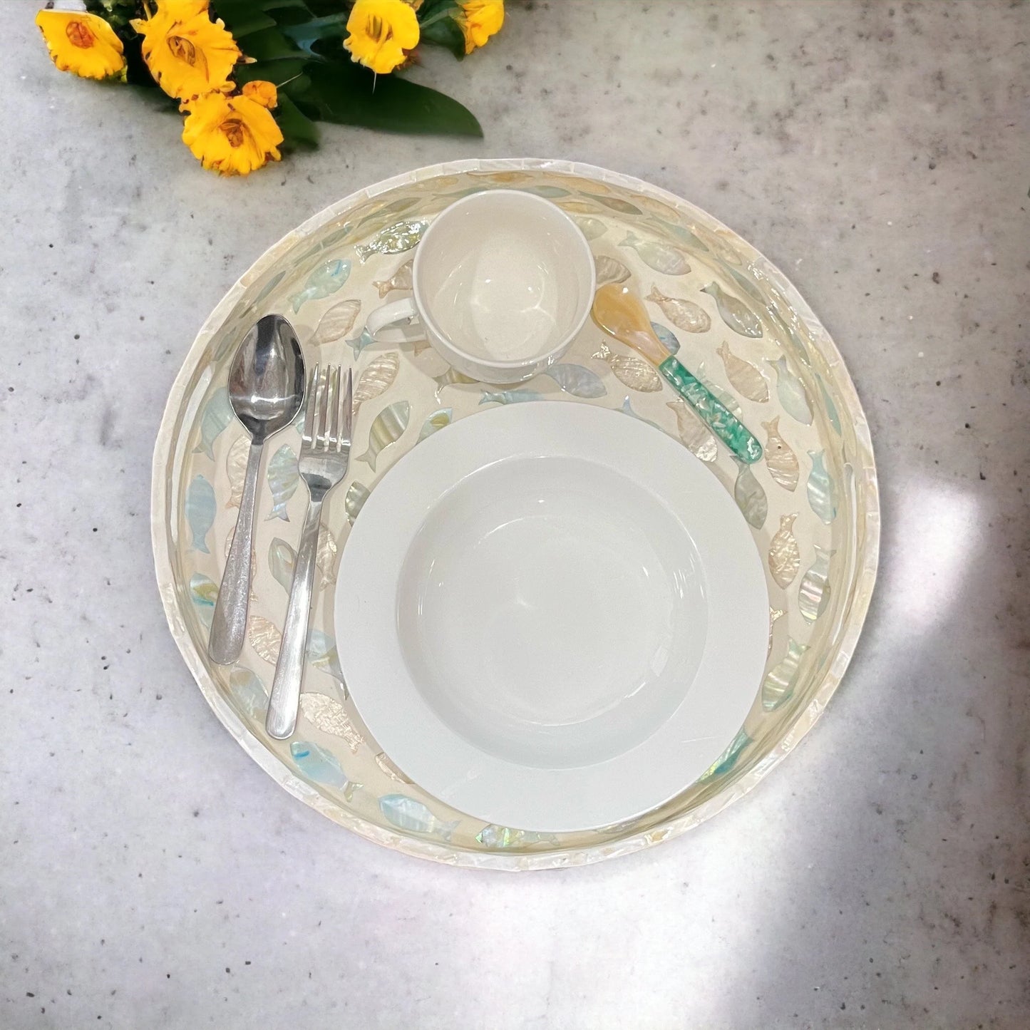 Mother of Pearl Inlay Serving Tray, Fish Tornado Swirls Pattern