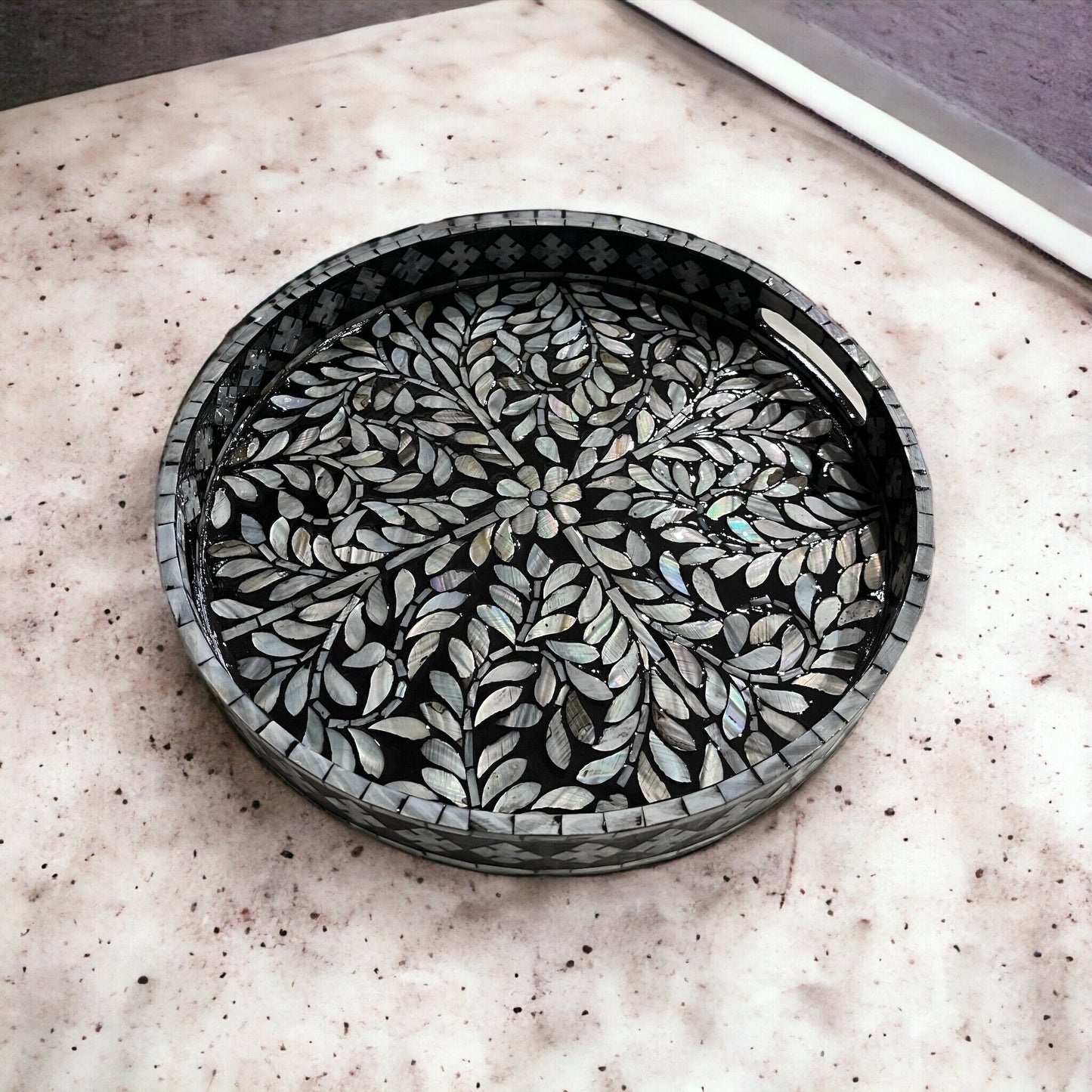 Round Breakfast tray with Mother of Pearl Inlay In Black Color White Floral Pattern