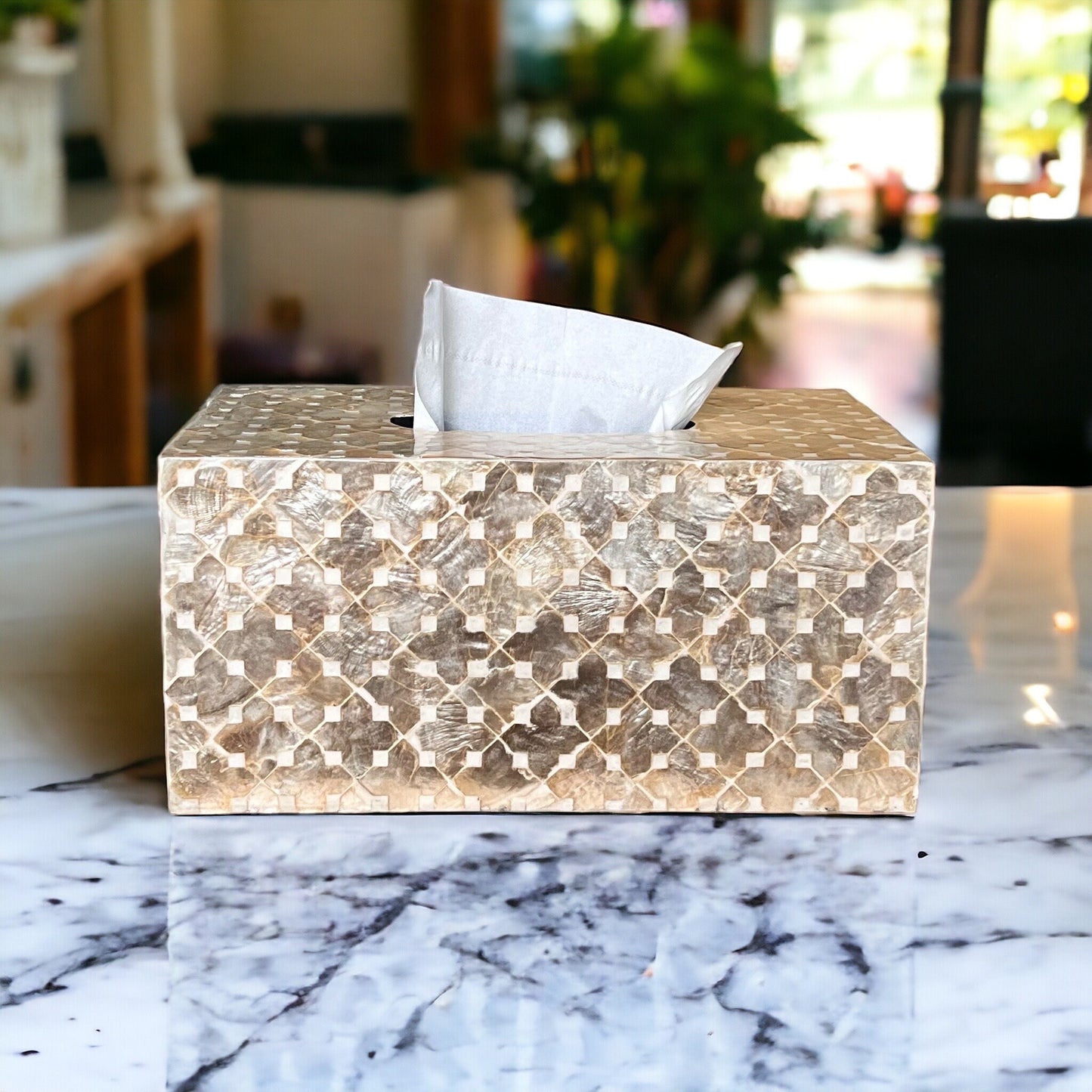Tissue box holder with capiz shell inlay in light gold color