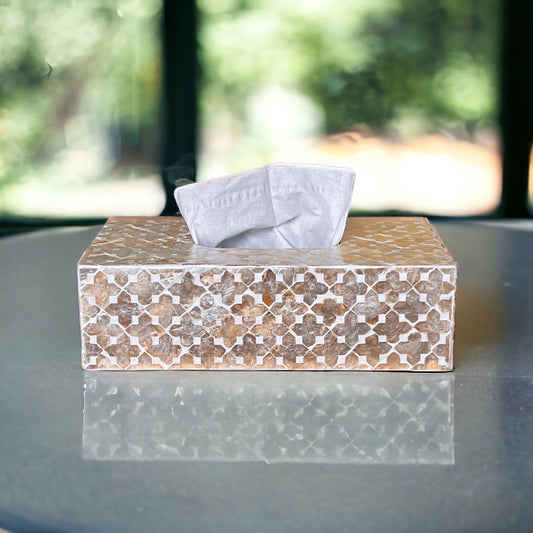 Tissue box holder with capiz shell inlay in light gold color