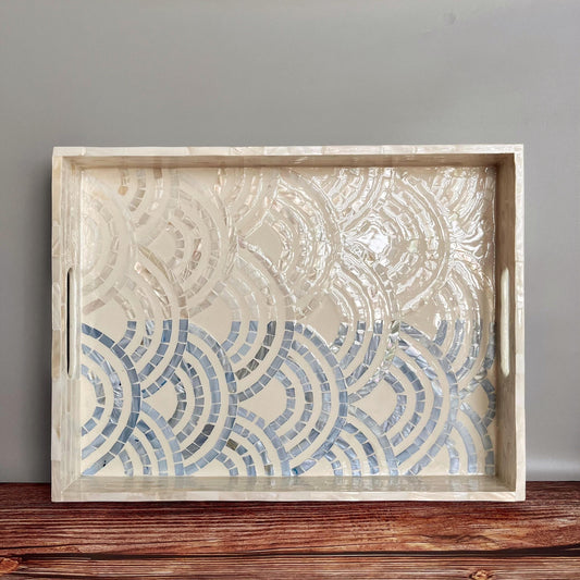 Mother of pearl rectangle serving tray, blue ocean waves pattern