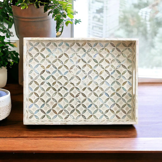 Mother of pearl rectangular serving tray, ocean blue pattern