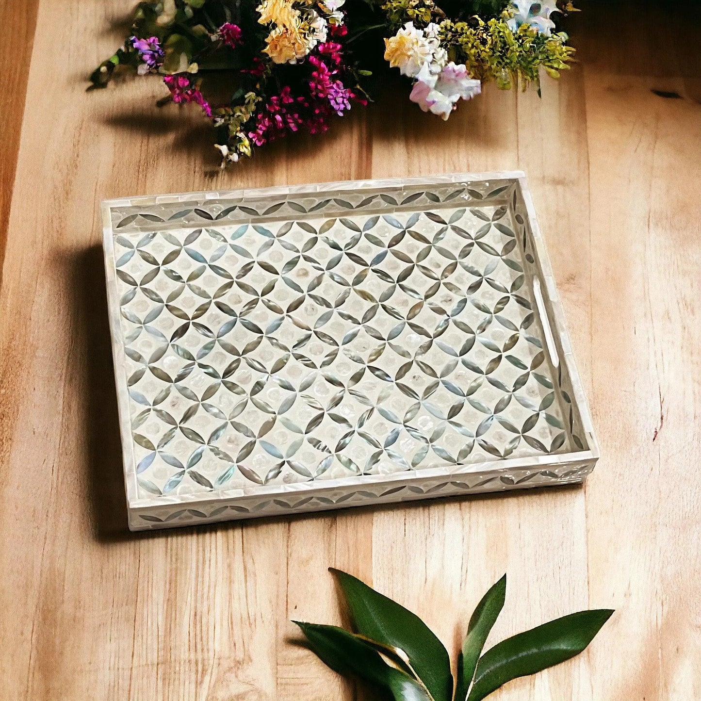 Mother of pearl rectangular serving tray, ocean blue pattern