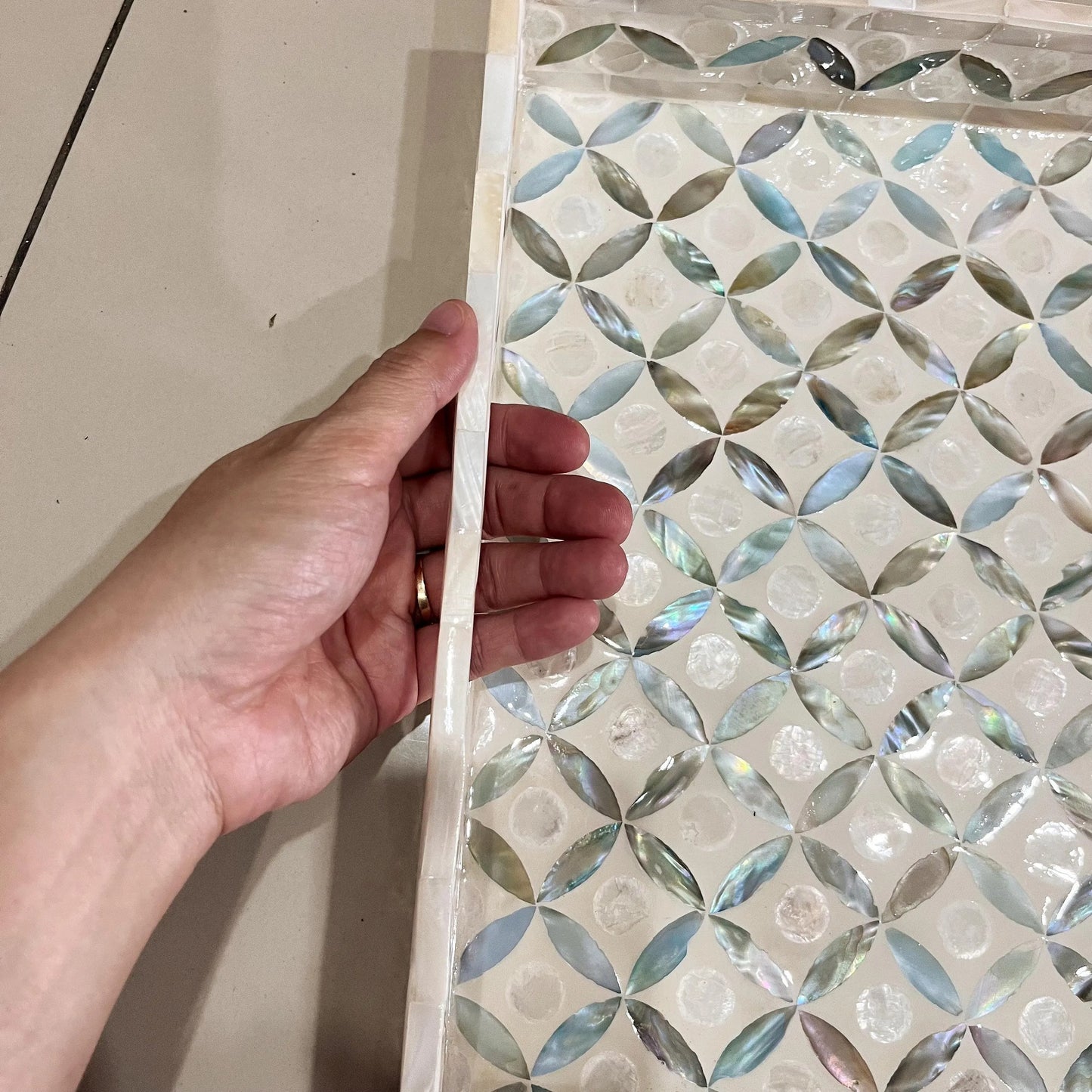 Mother of pearl rectangular serving tray, ocean blue pattern