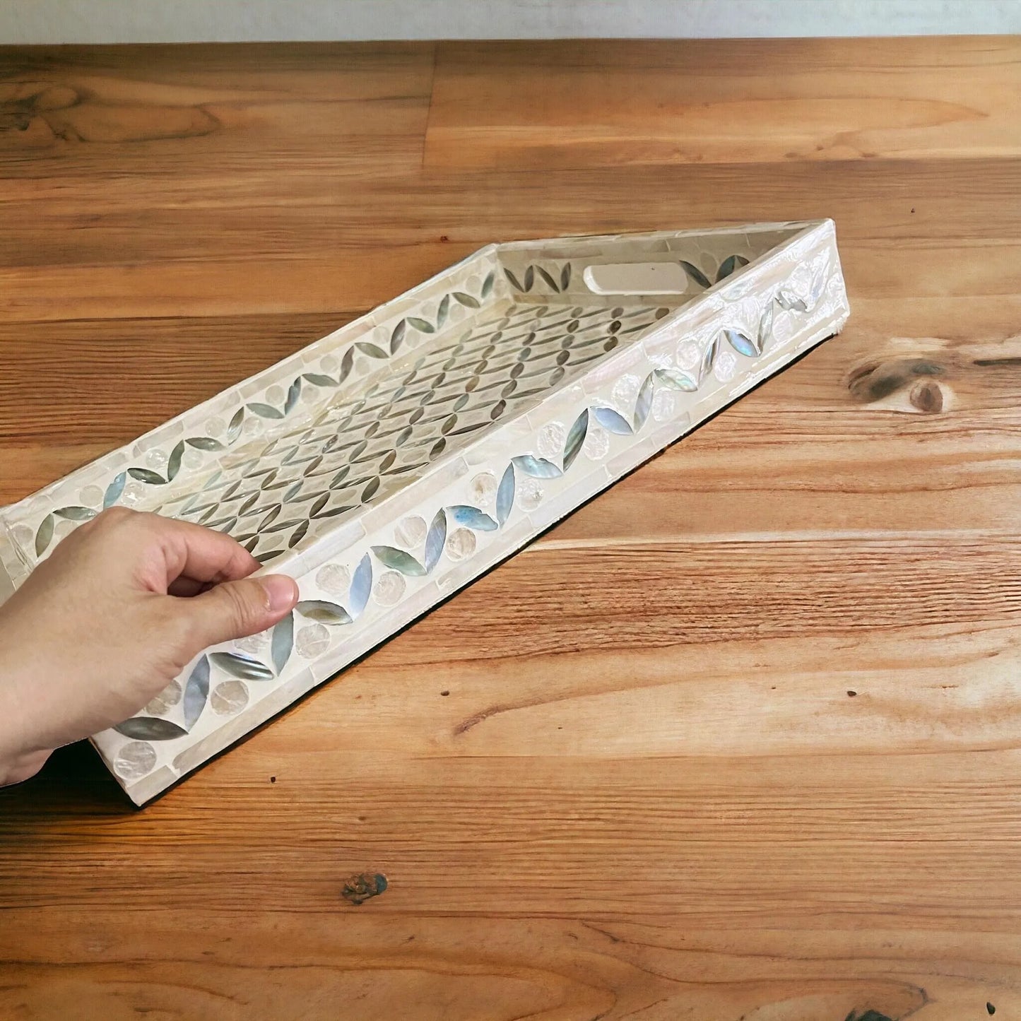 Mother of pearl rectangular serving tray, ocean blue pattern