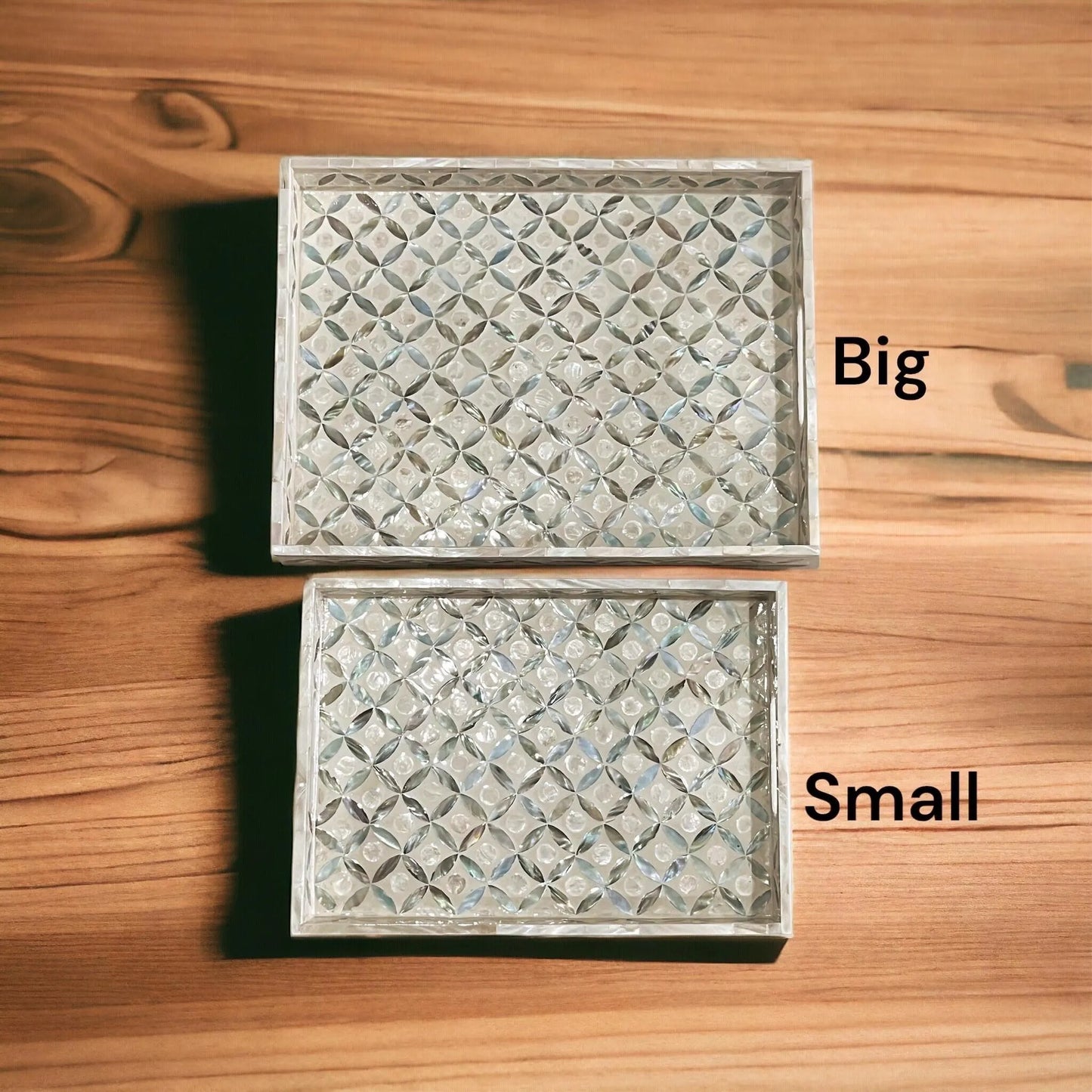 Mother of pearl rectangular serving tray, ocean blue pattern