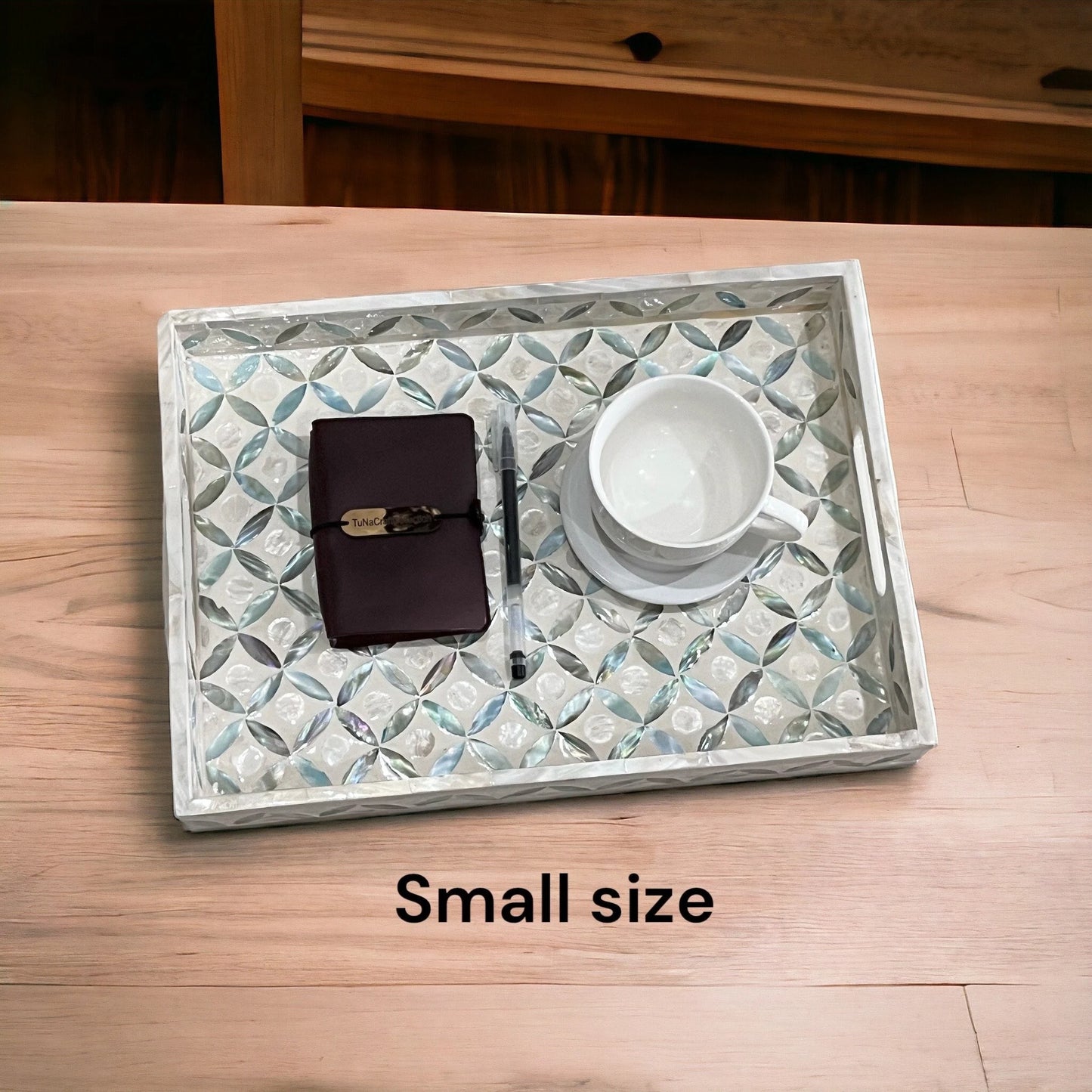 Mother of pearl rectangular serving tray, ocean blue pattern