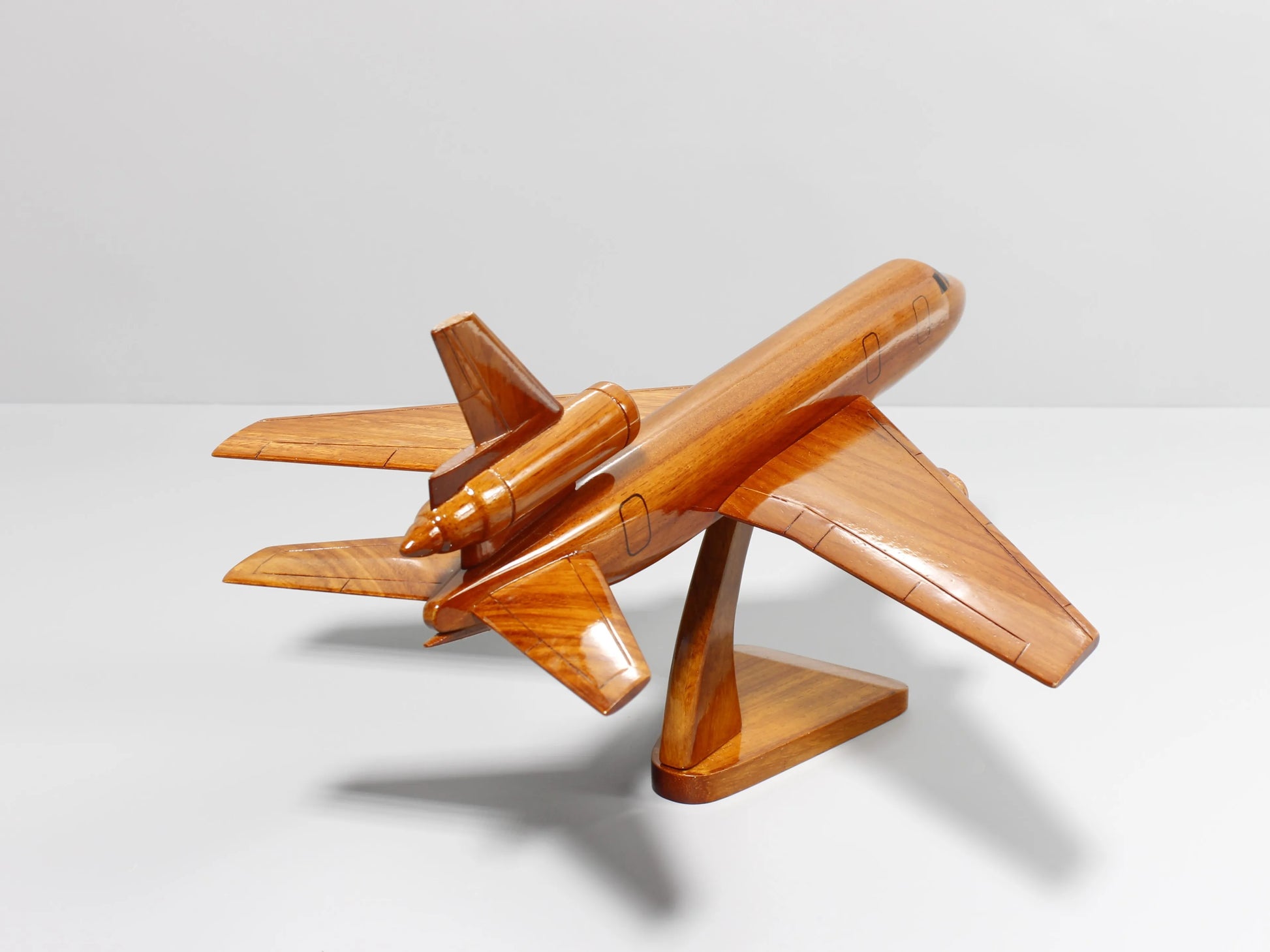 Rear angle of KC-10 aerial refueling wood model in climbing position – Premiumwoodart