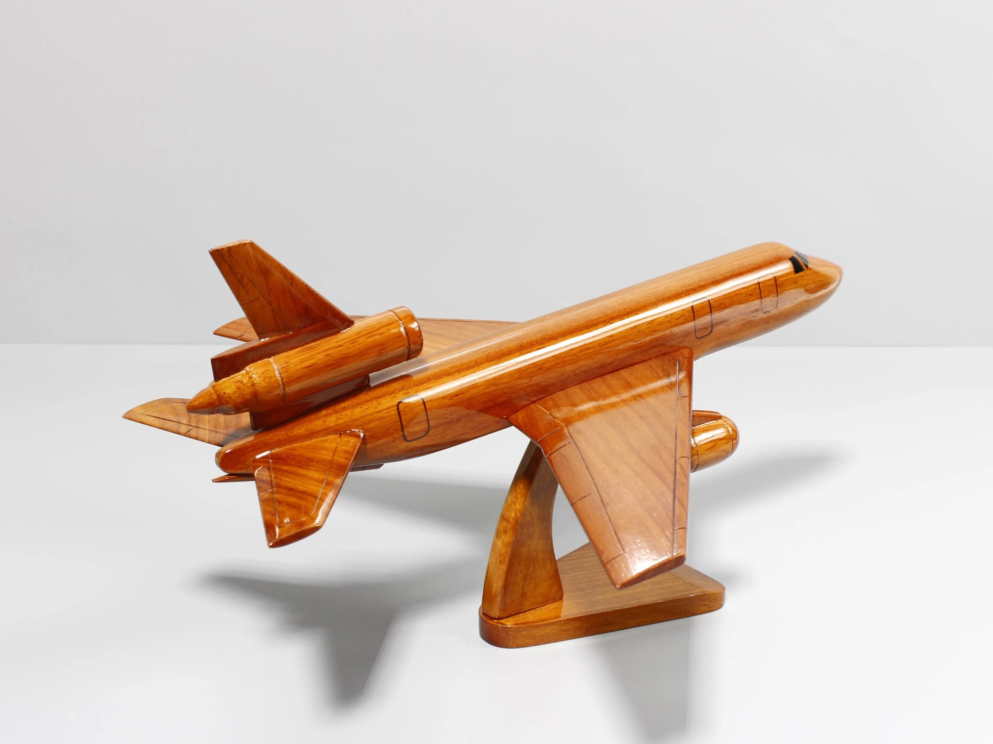 Top-down angle of handcrafted KC-10 military wooden aircraft model – Premiumwoodart