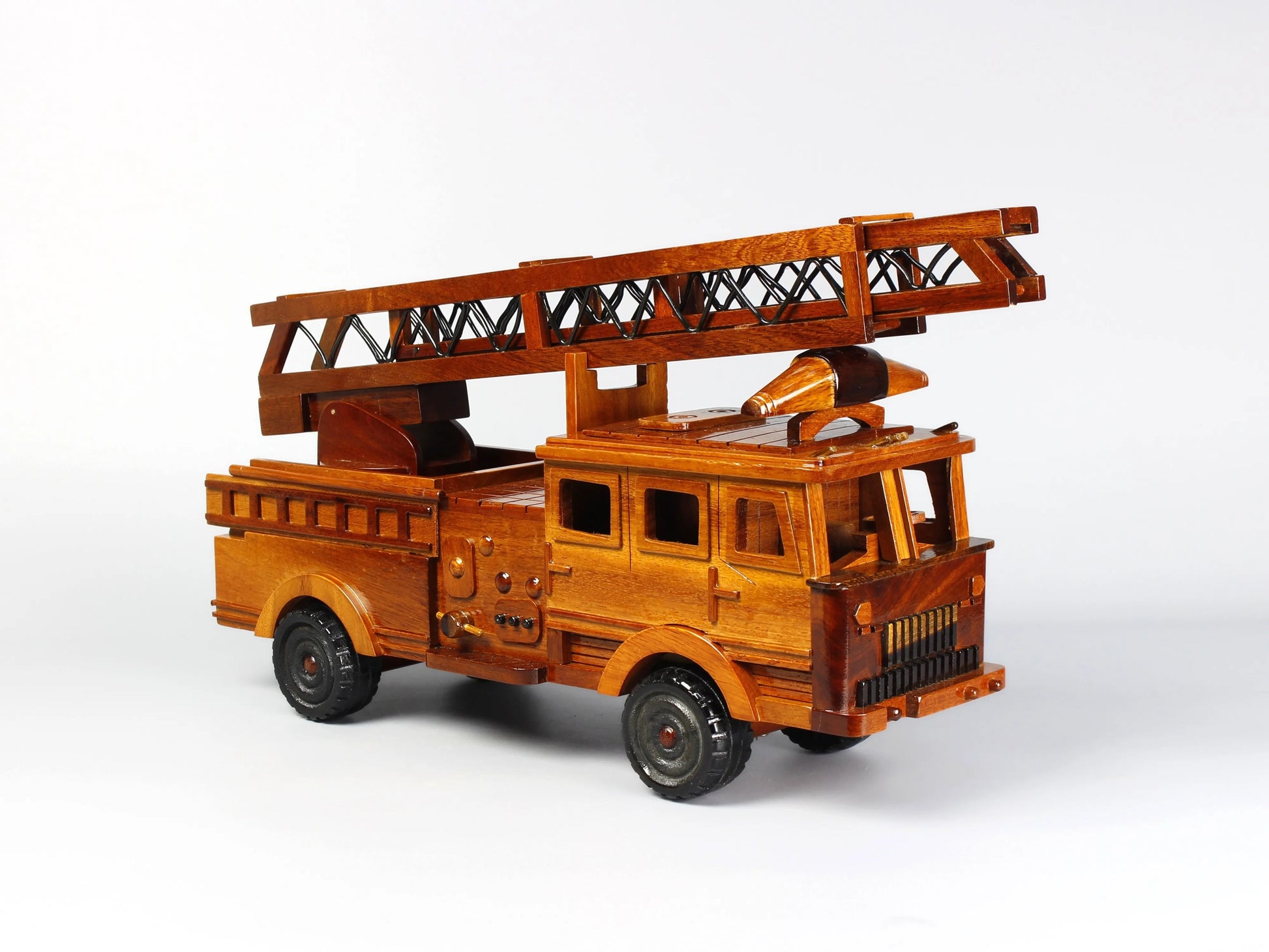 Handmade ladder fire truck wood model – front angle with raised ladder