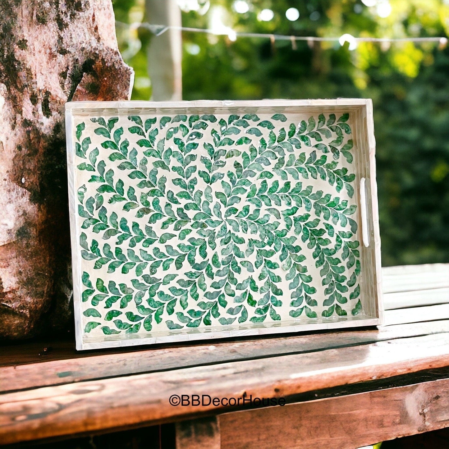 Mother of Pearl Rectangular Serving Tray, Green Leaves PatternBBDecorHouseSize S