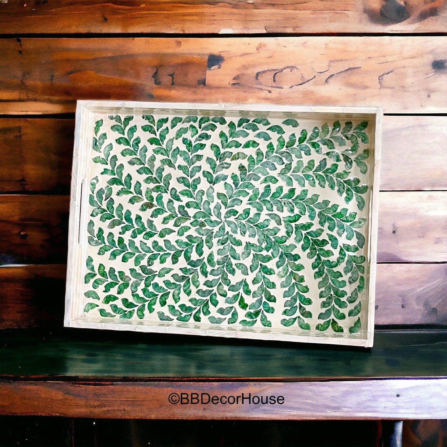 Mother of Pearl Rectangular Serving Tray, Green Leaves PatternBBDecorHouseSize S