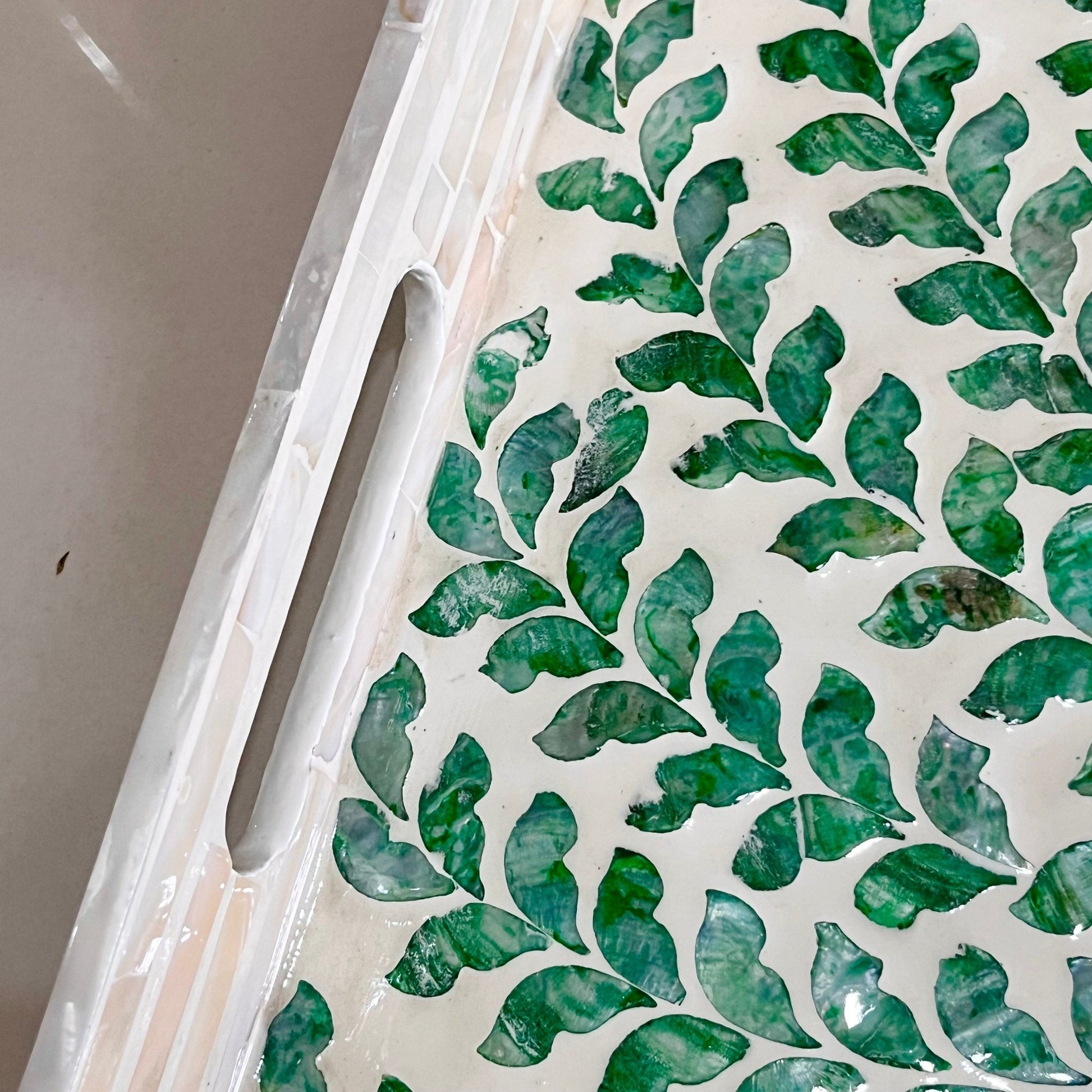 Mother of Pearl Rectangular Serving Tray, Green Leaves PatternBBDecorHouseSize S