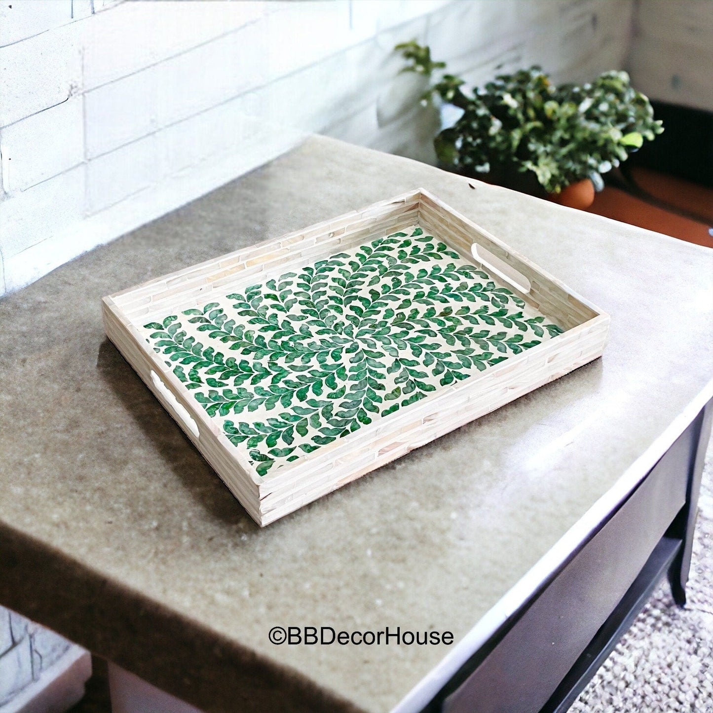 Mother of Pearl Rectangular Serving Tray, Green Leaves PatternBBDecorHouseSize S