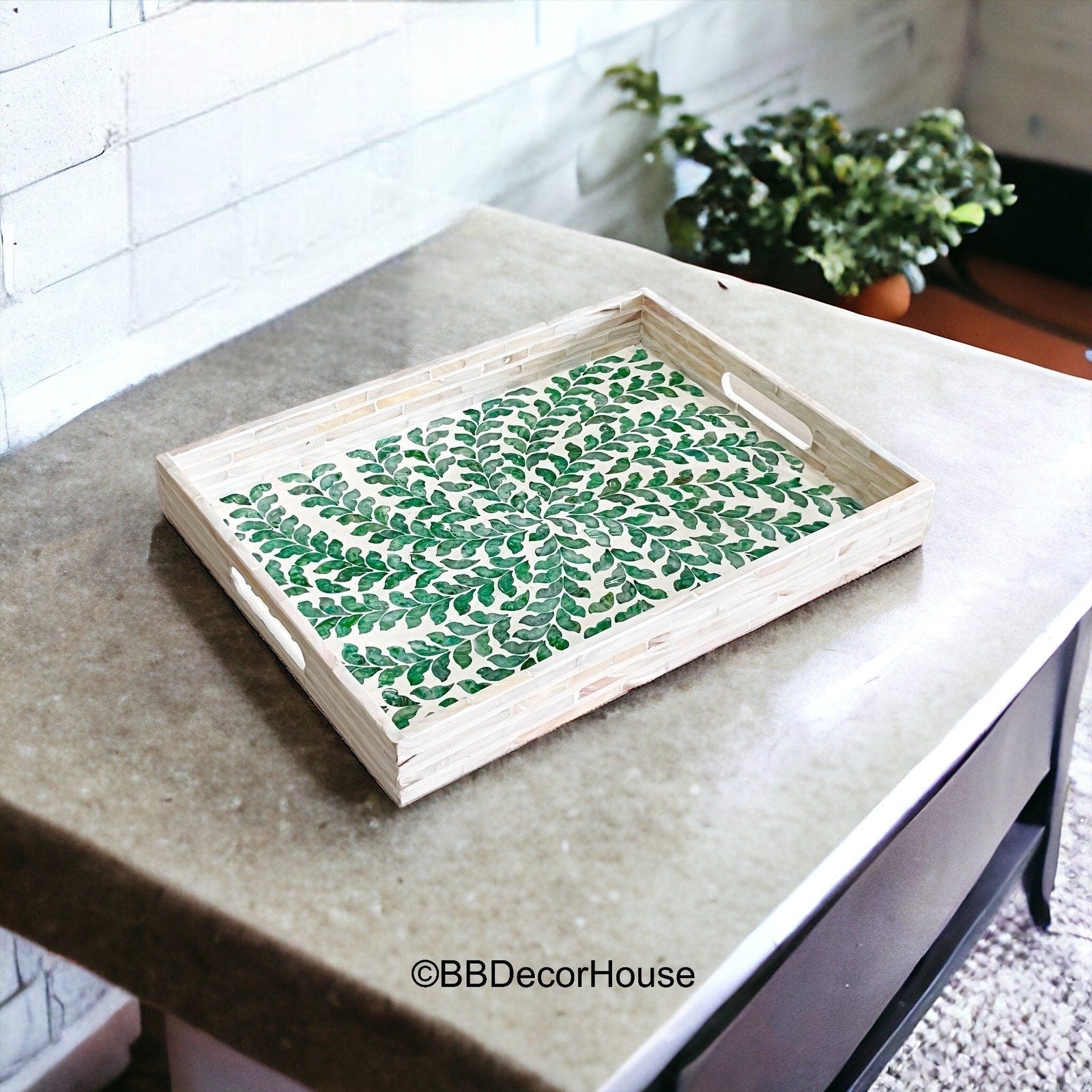 Mother of Pearl Rectangular Serving Tray, Green Leaves PatternBBDecorHouseSize S
