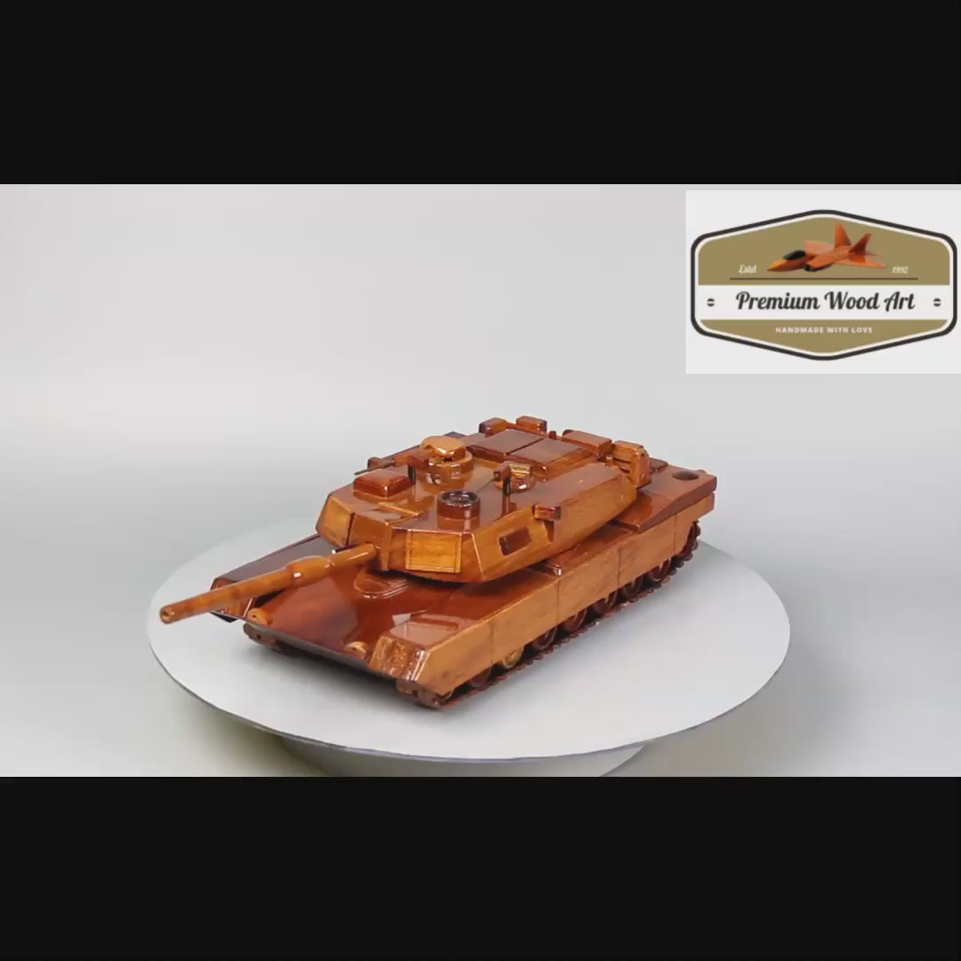 M1A2 Abrams tank model, masterfully created in wood, a memorable military gift for American veterans and service personnel.