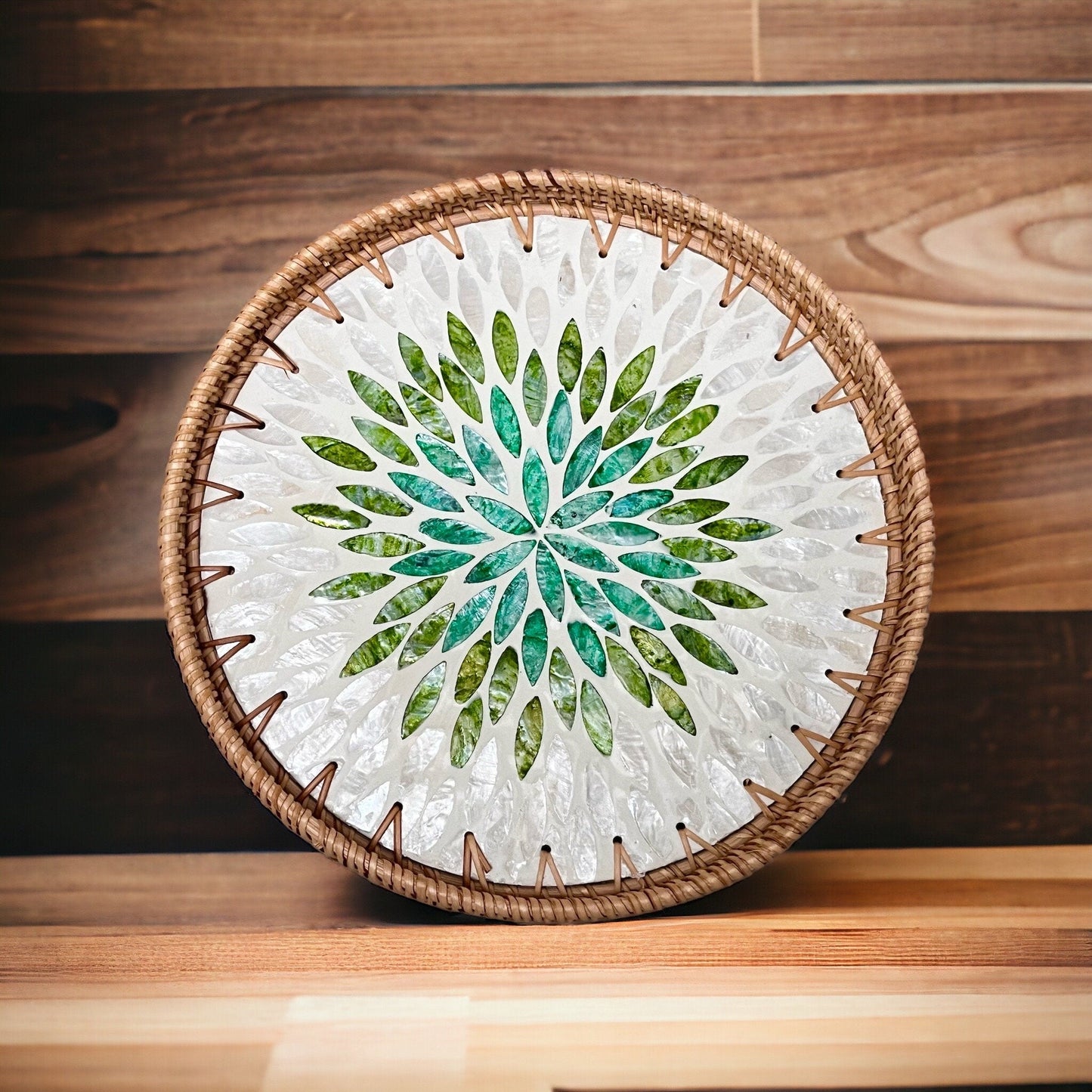 Round Handmade Rattan Capiz shell Serving Tray, Green leaves patternBBDecorHouseDiameter 11.8
