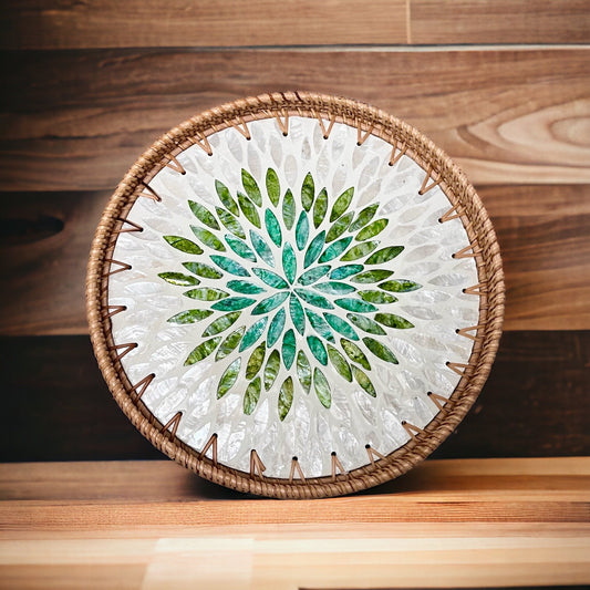 Round Handmade Rattan Capiz shell Serving Tray, Green leaves patternBBDecorHouseDiameter 11.8