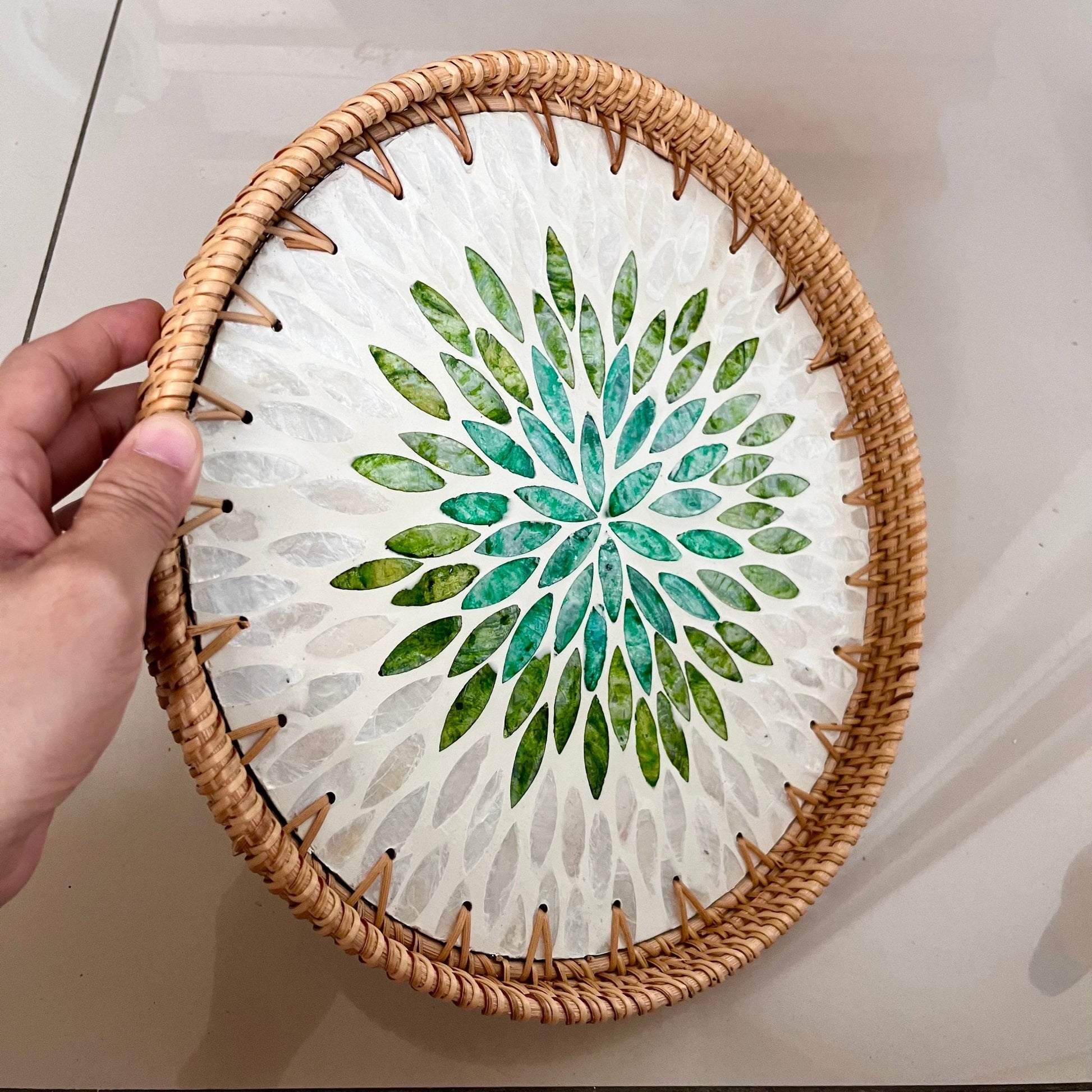 Round Handmade Rattan Capiz shell Serving Tray, Green leaves patternBBDecorHouseDiameter 11.8