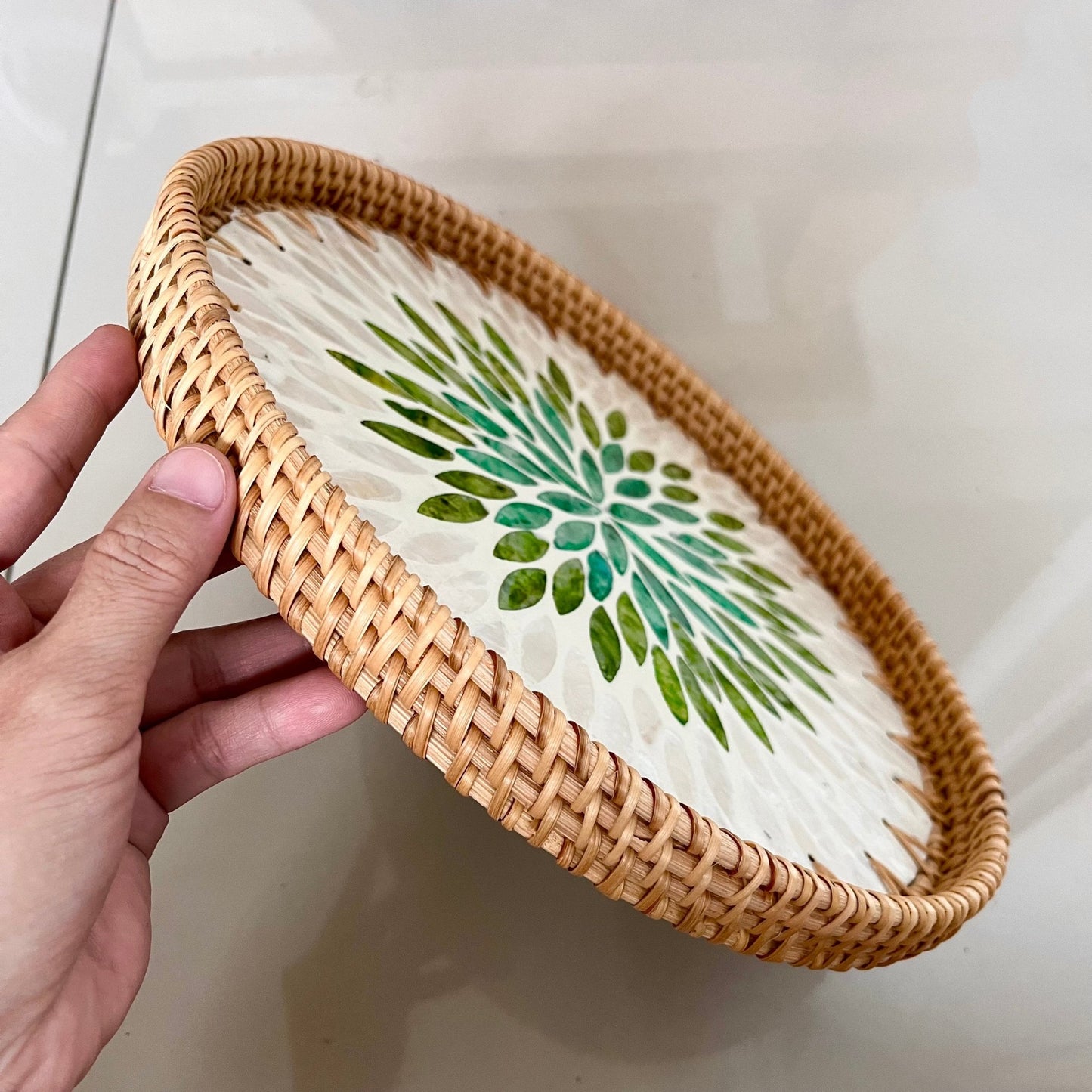 Round Handmade Rattan Capiz shell Serving Tray, Green leaves patternBBDecorHouseDiameter 11.8
