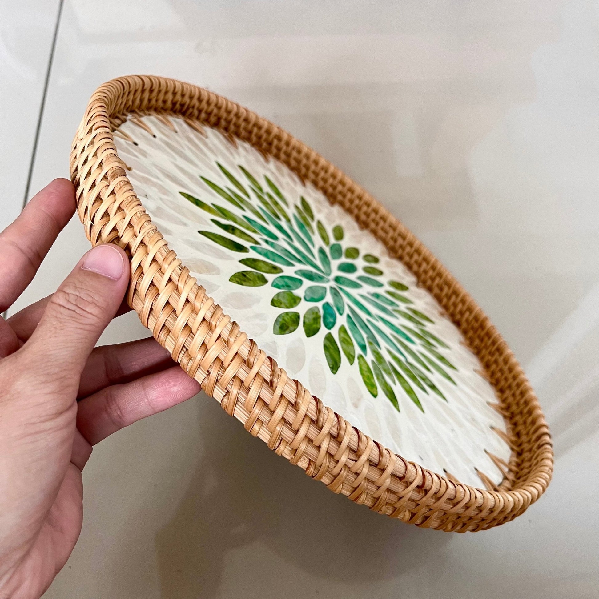 Round Handmade Rattan Capiz shell Serving Tray, Green leaves patternBBDecorHouseDiameter 11.8