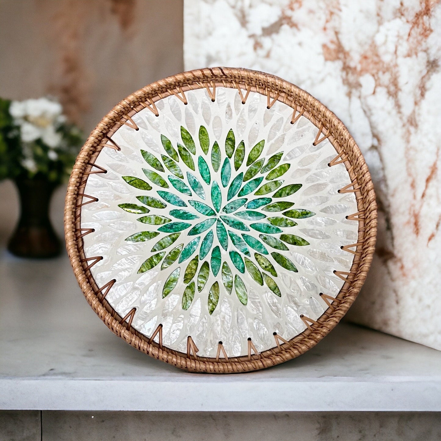 Round Handmade Rattan Capiz shell Serving Tray, Green leaves patternBBDecorHouseDiameter 11.8