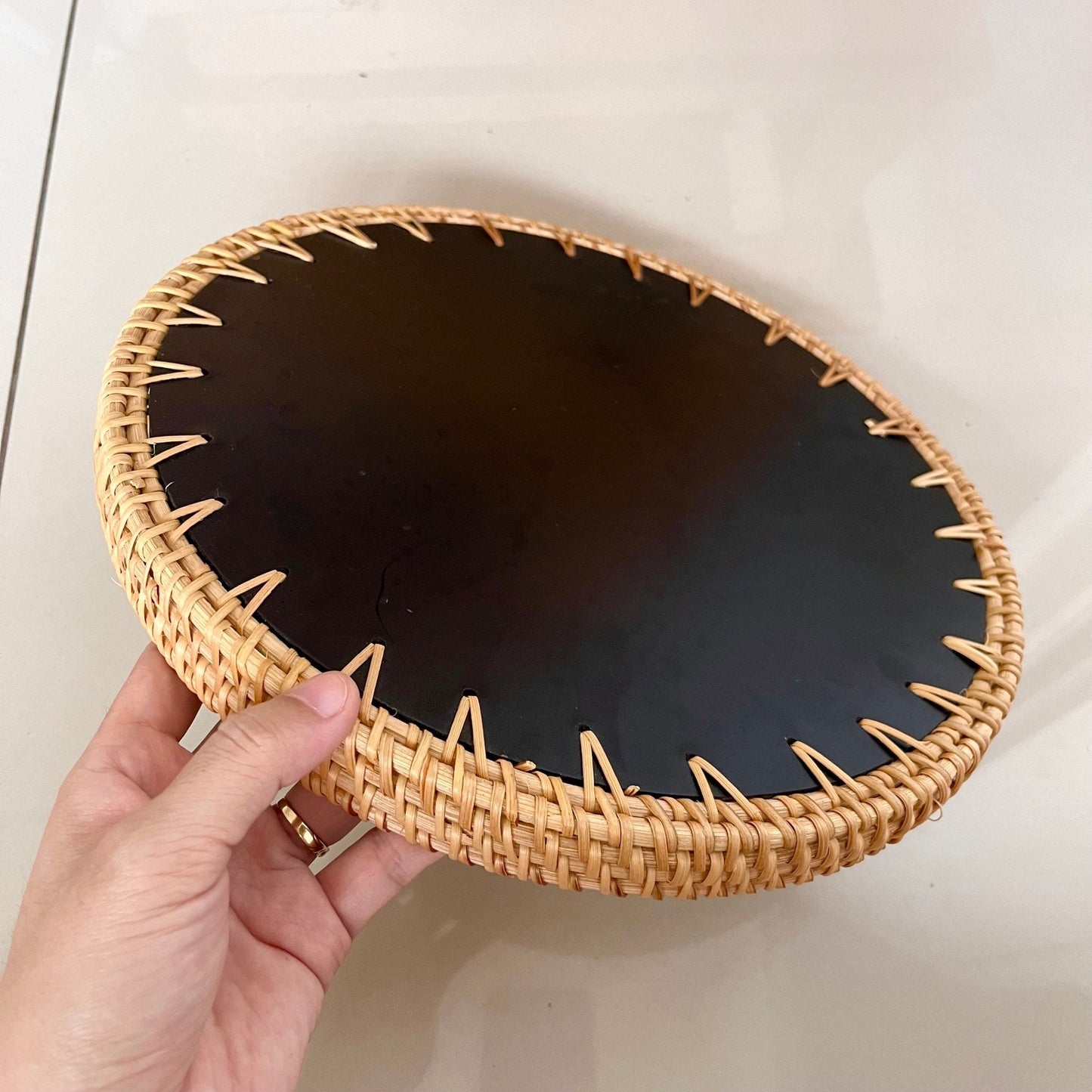 Round Handmade Rattan Capiz shell Serving Tray, Green leaves patternBBDecorHouseDiameter 11.8