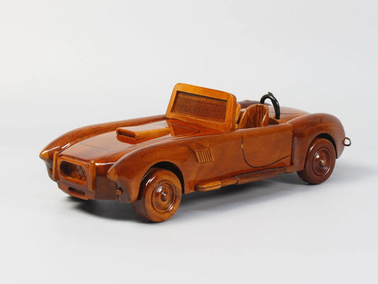 Front-left view of handmade Shelby Cobra wooden model