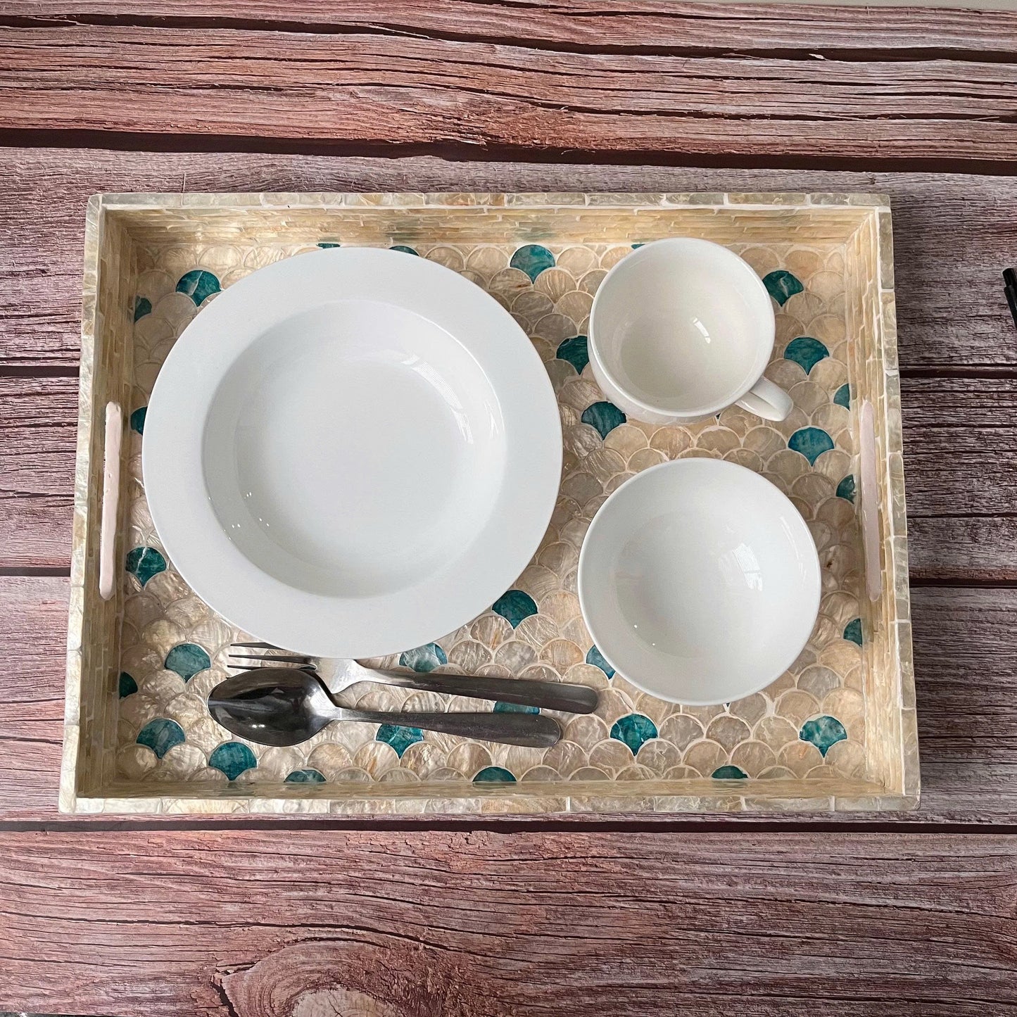 Capiz shell rectangle serving tray, blue & gold mermaid fish scale pattern