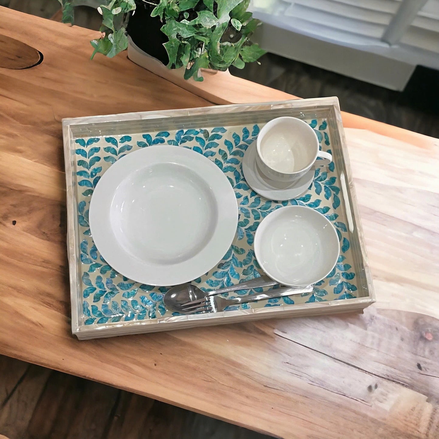 Mother Pearl Rectangular Serving Tray, Decorative tray, Blue leaves pattern