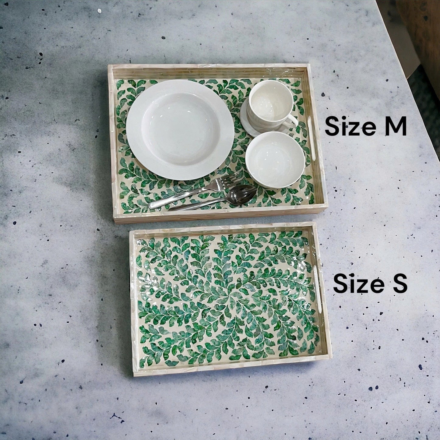 Mother of Pearl Rectangular Serving Tray, Green Leaves Pattern