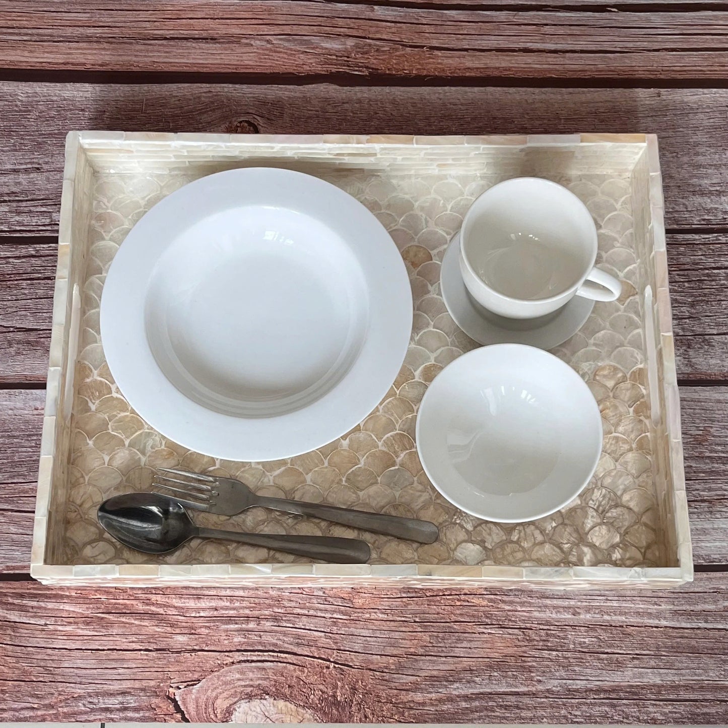Capiz Shell Inlay Serving Tray, White and Gold Mermaid Pattern