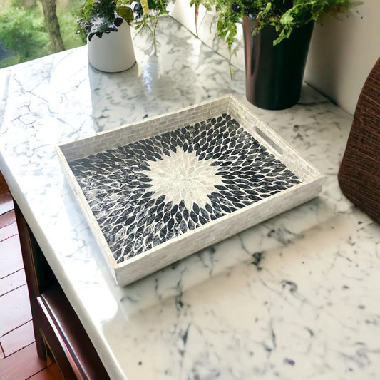 Mother of Pearl Tray with Black and White Leaf Inlay Pattern