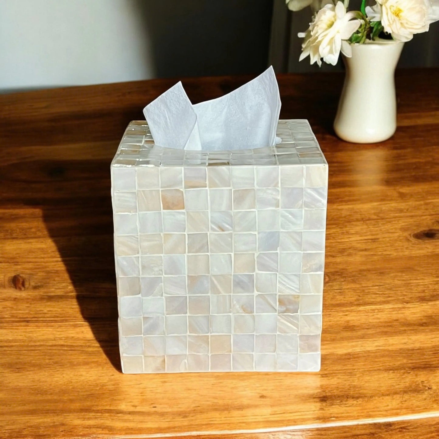 Mother pearl tissue box white mosaic pattern