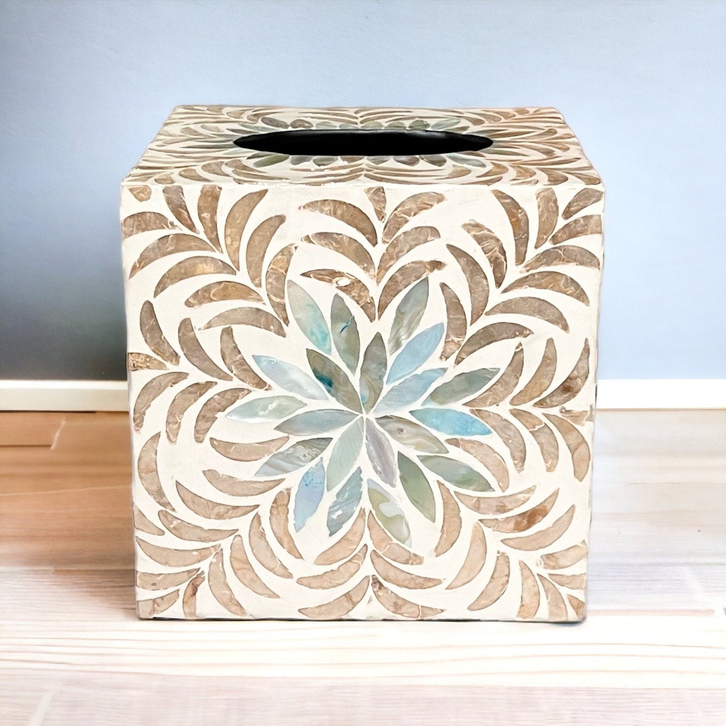 Aqua flower Gold Leaf Mother Pearl Square Tissue Box CoverBBDecorHouse