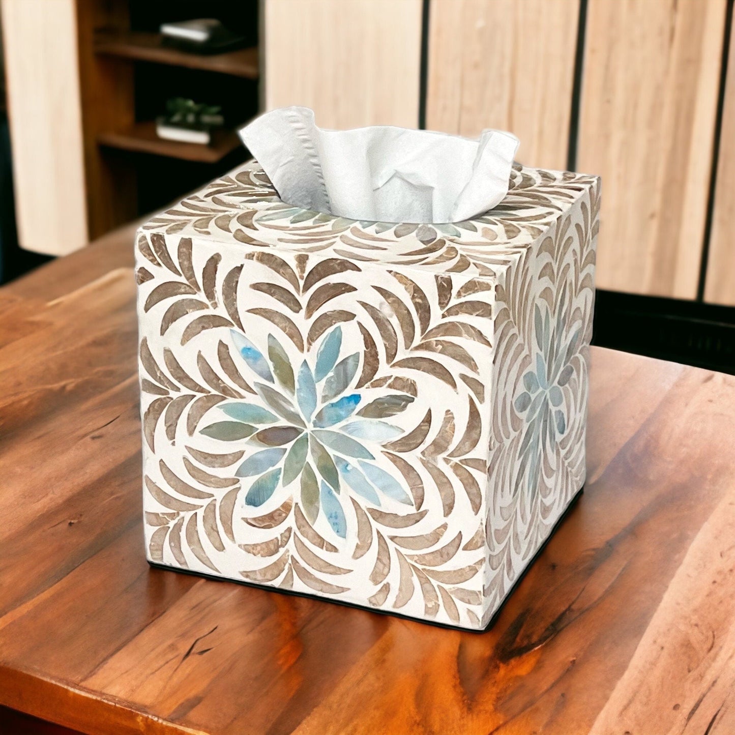 Aqua flower Gold Leaf Mother Pearl Square Tissue Box CoverBBDecorHouse