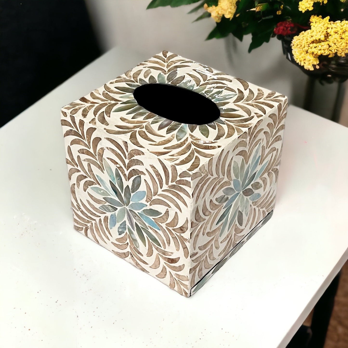 Aqua flower Gold Leaf Mother Pearl Square Tissue Box CoverBBDecorHouse