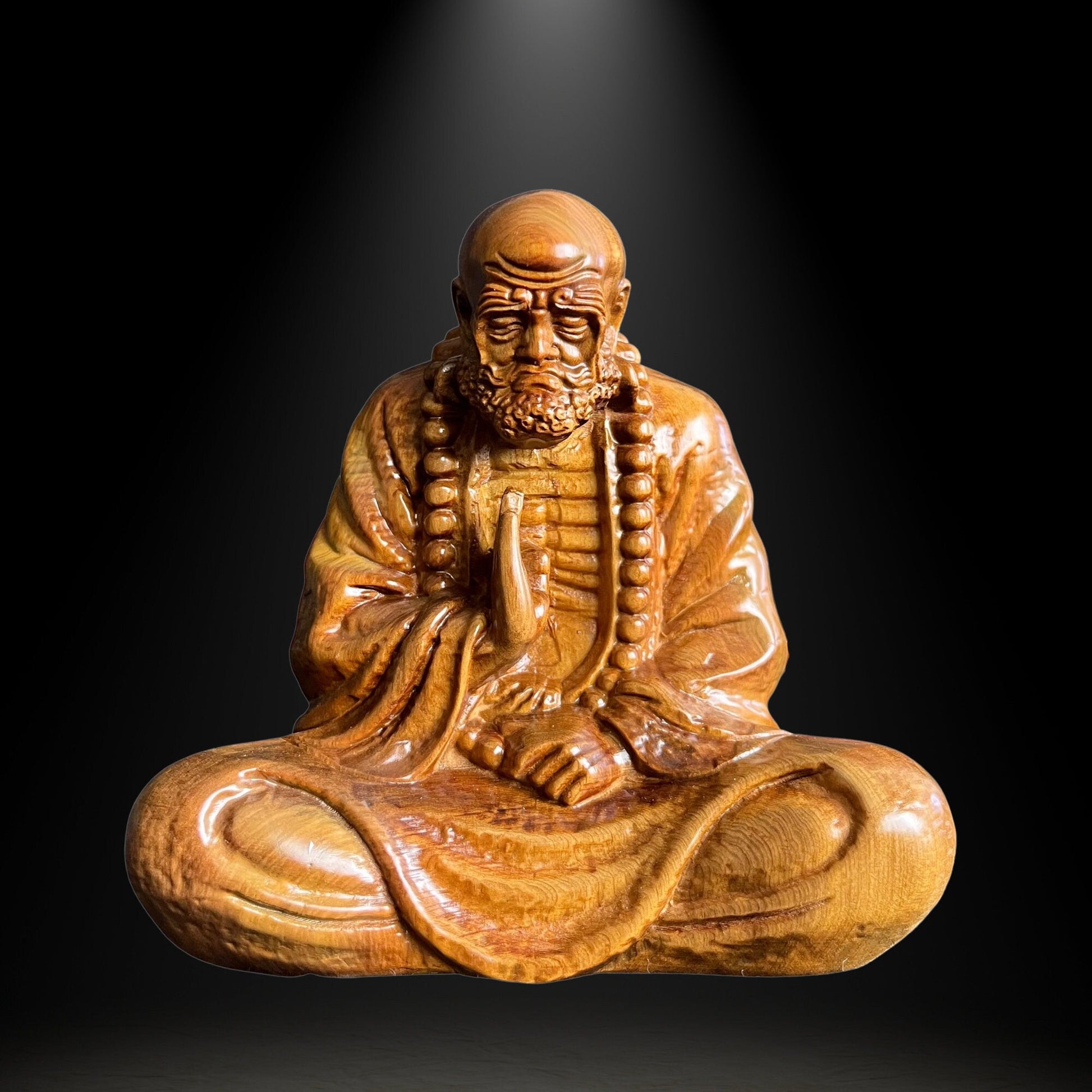 Bodhidharma Sitting in Meditation Wood Carving StatuePremiumWoodArt