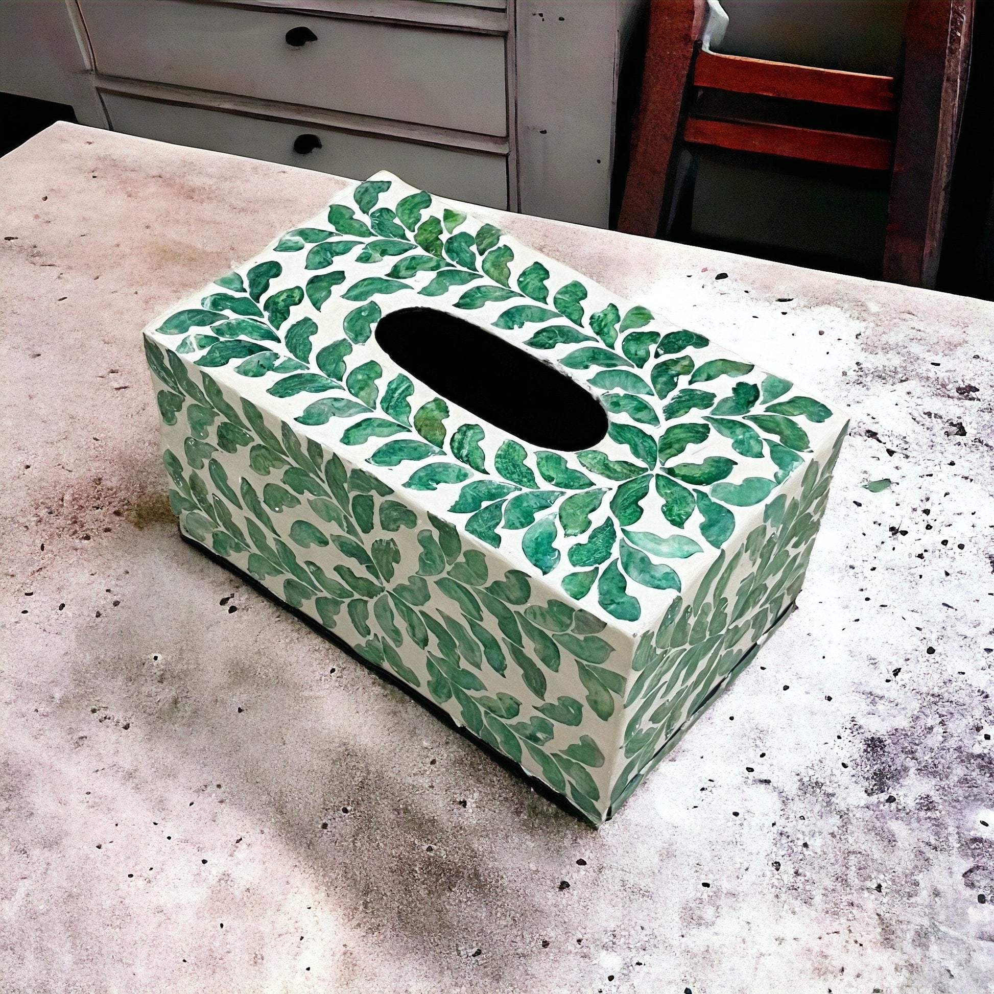 Capiz shell rectangle tissue box cover, green leave patternBBDecorHouseRectangular short