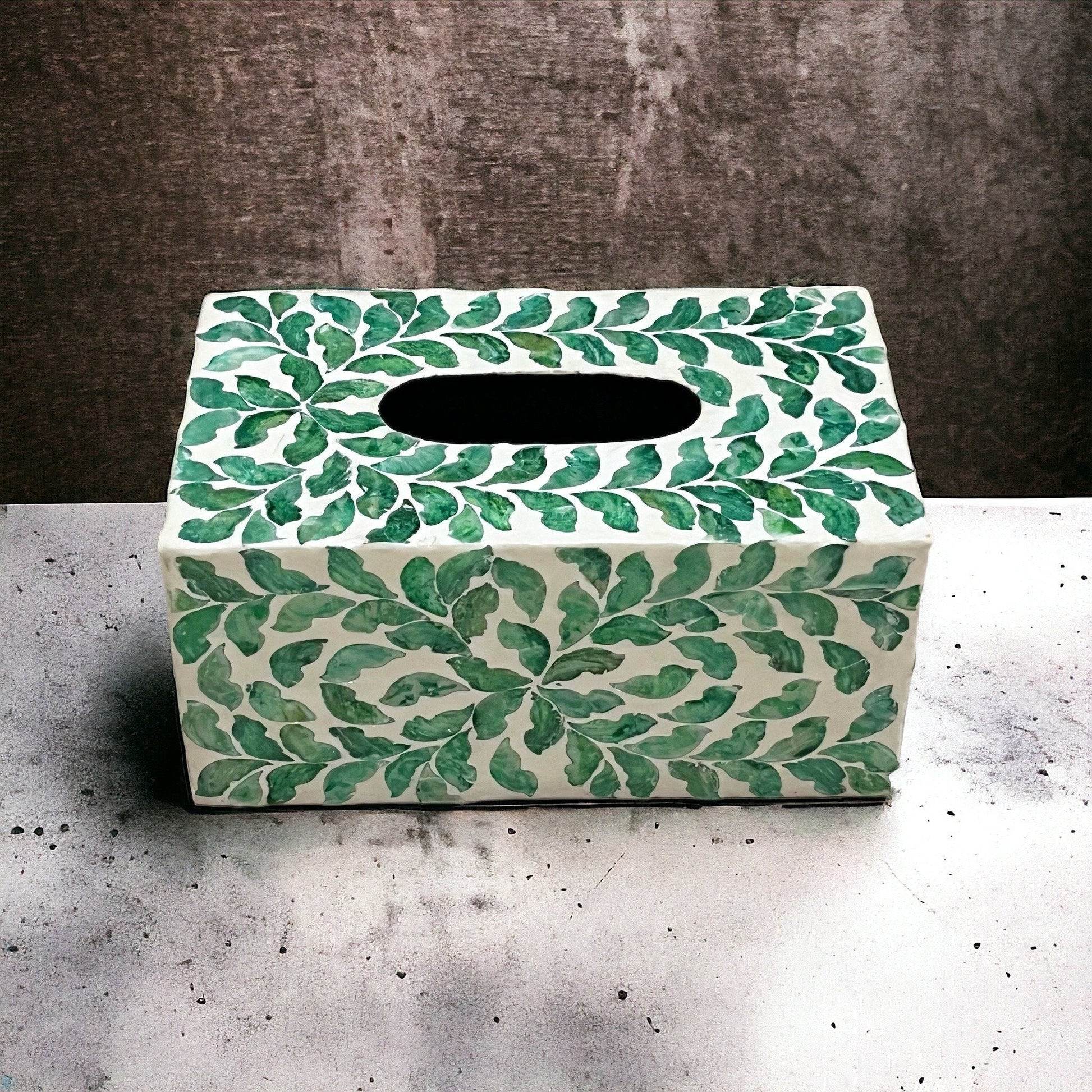Capiz shell rectangle tissue box cover, green leave patternBBDecorHouseRectangular short