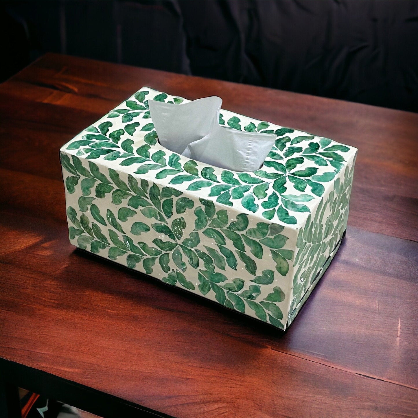 Capiz shell rectangle tissue box cover, green leave patternBBDecorHouseRectangular short