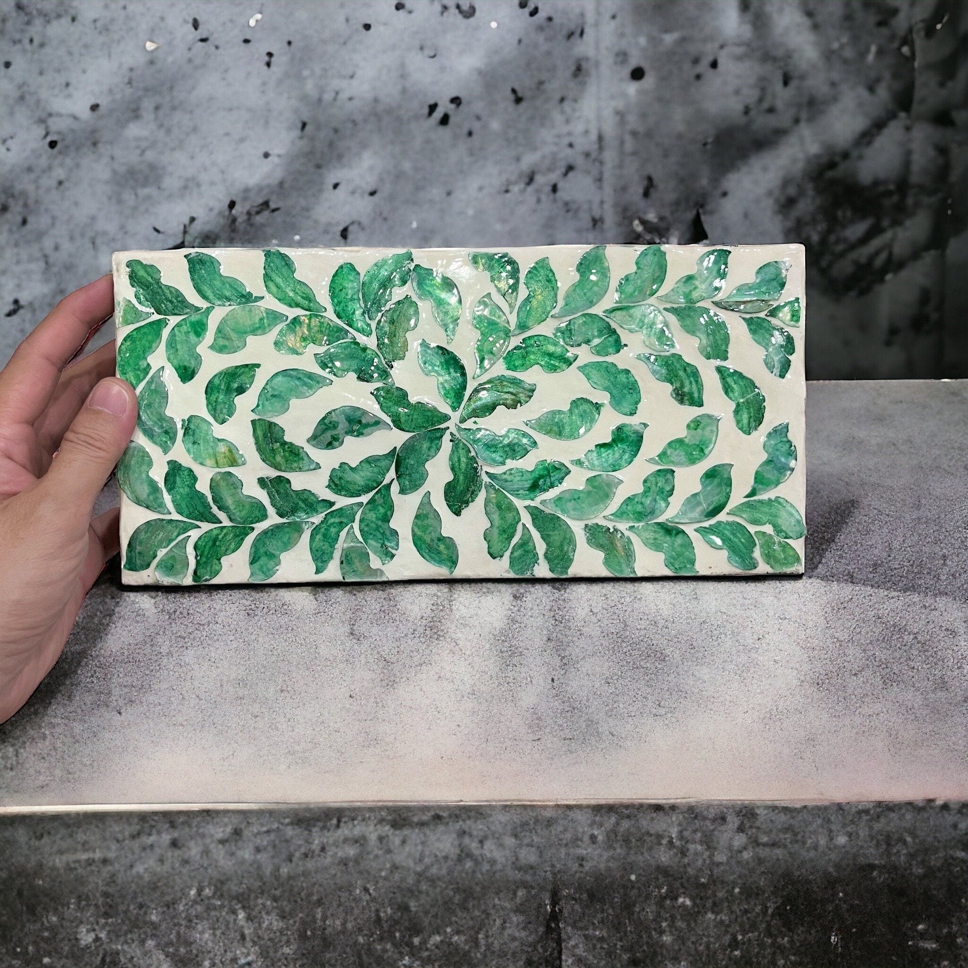 Capiz shell rectangle tissue box cover, green leave patternBBDecorHouseRectangular short