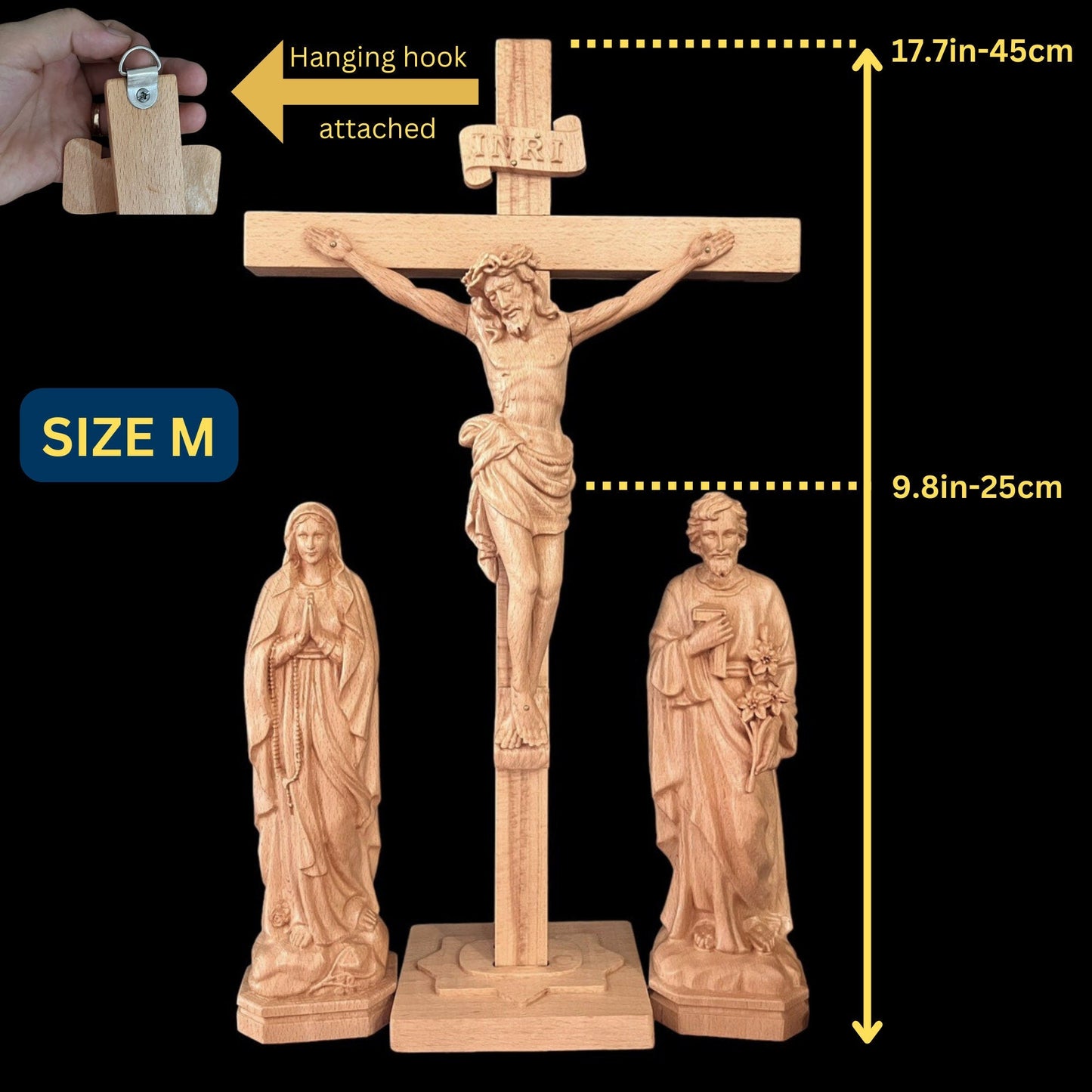 Crucifix Cross, Saint Joseph & Saint Mary Wood Carving StatuesPremiumWoodArtSIZE S