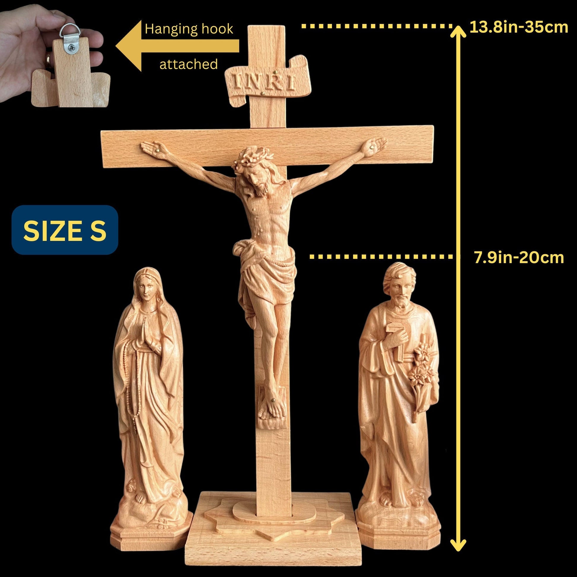 Crucifix Cross, Saint Joseph & Saint Mary Wood Carving StatuesPremiumWoodArtSIZE S